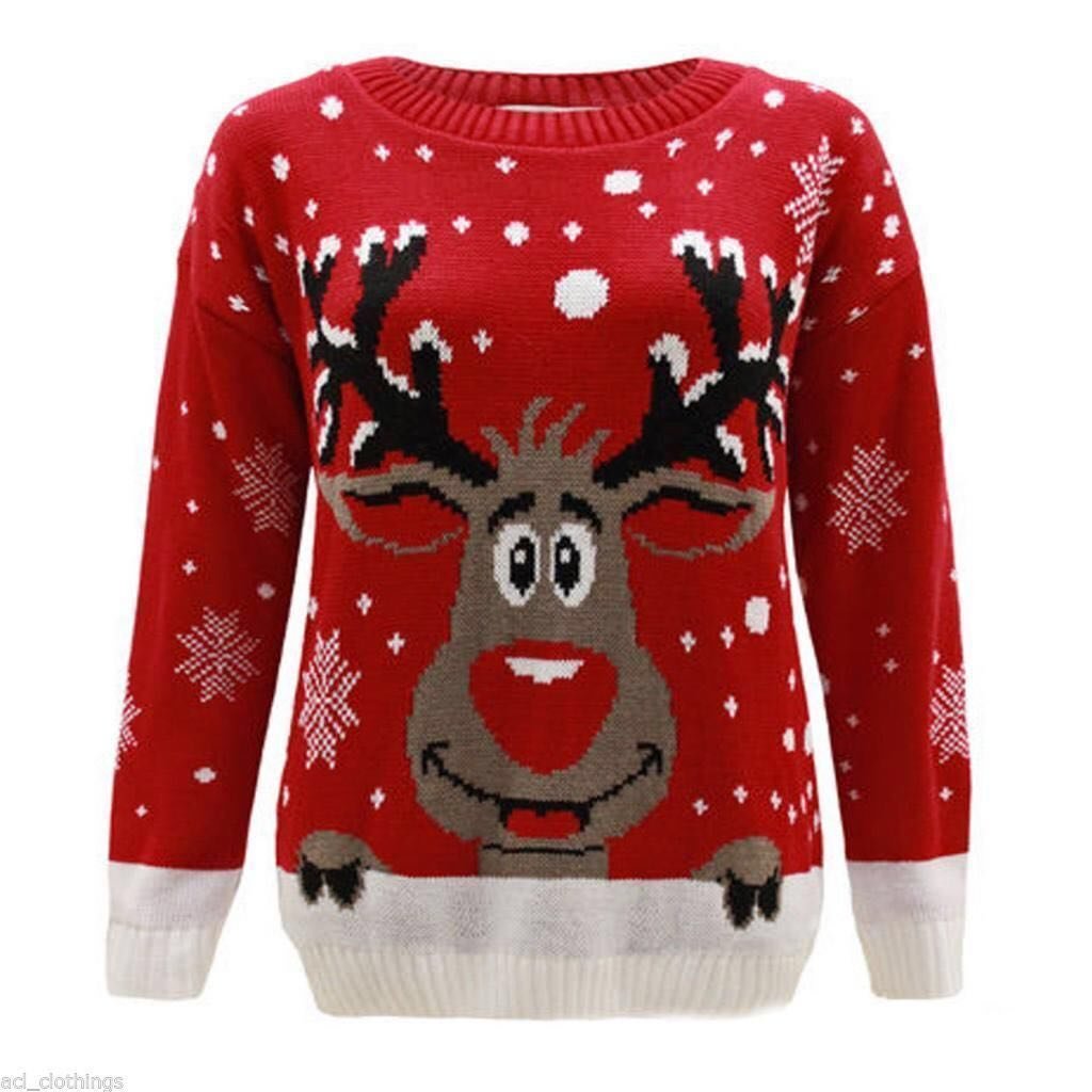 Flyers Limited Women's Red Knitted Xmas Christmas Rudolf Reindeer Nose Jumper (Xxl (20-22), )