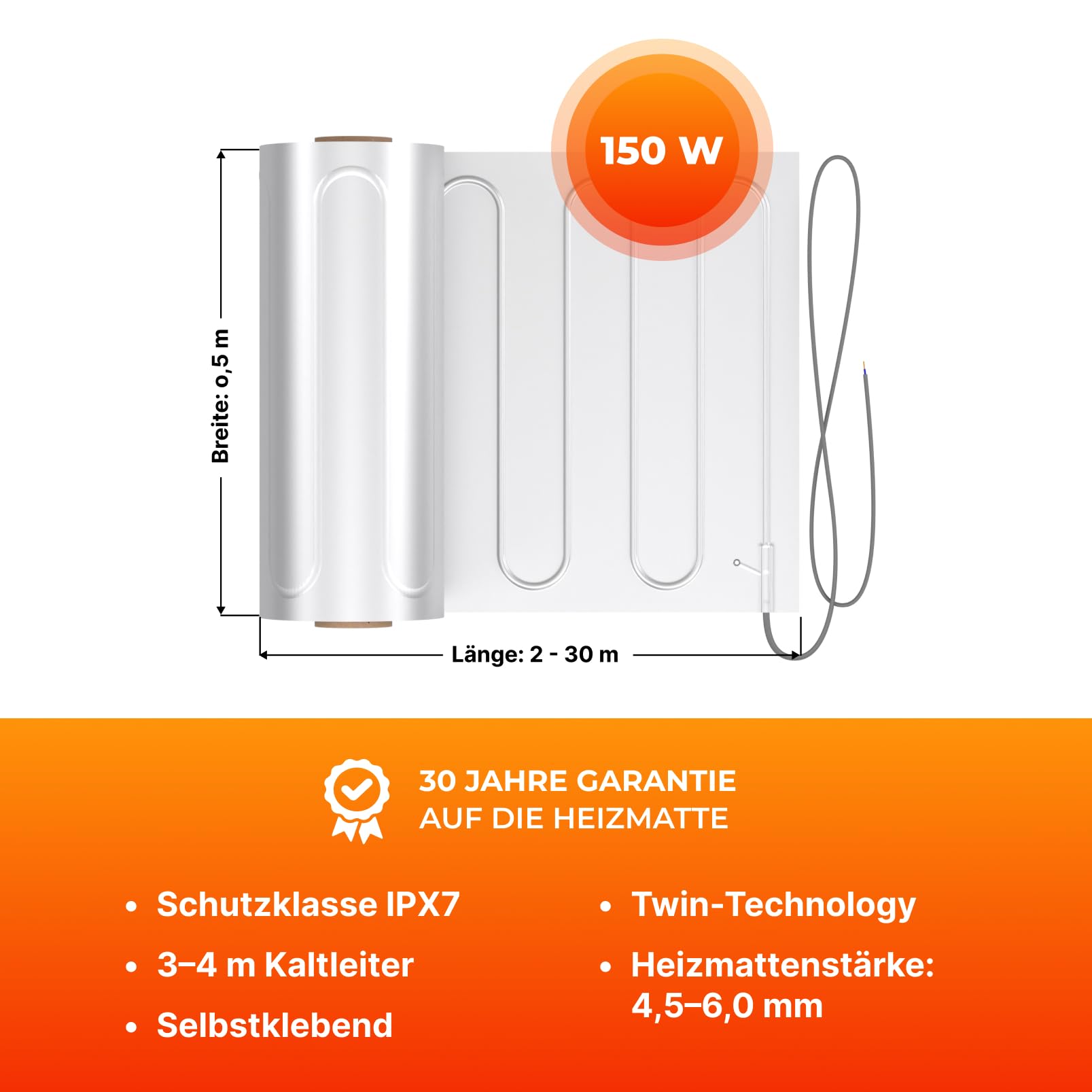 Chauffage au sol électrique pour stratifié : tapis chauffant en aluminium à deux fils WARMON ALU 150 W/m² pour sol flottant avec thermostat, thermostat :, taille du tapis : 5 m²