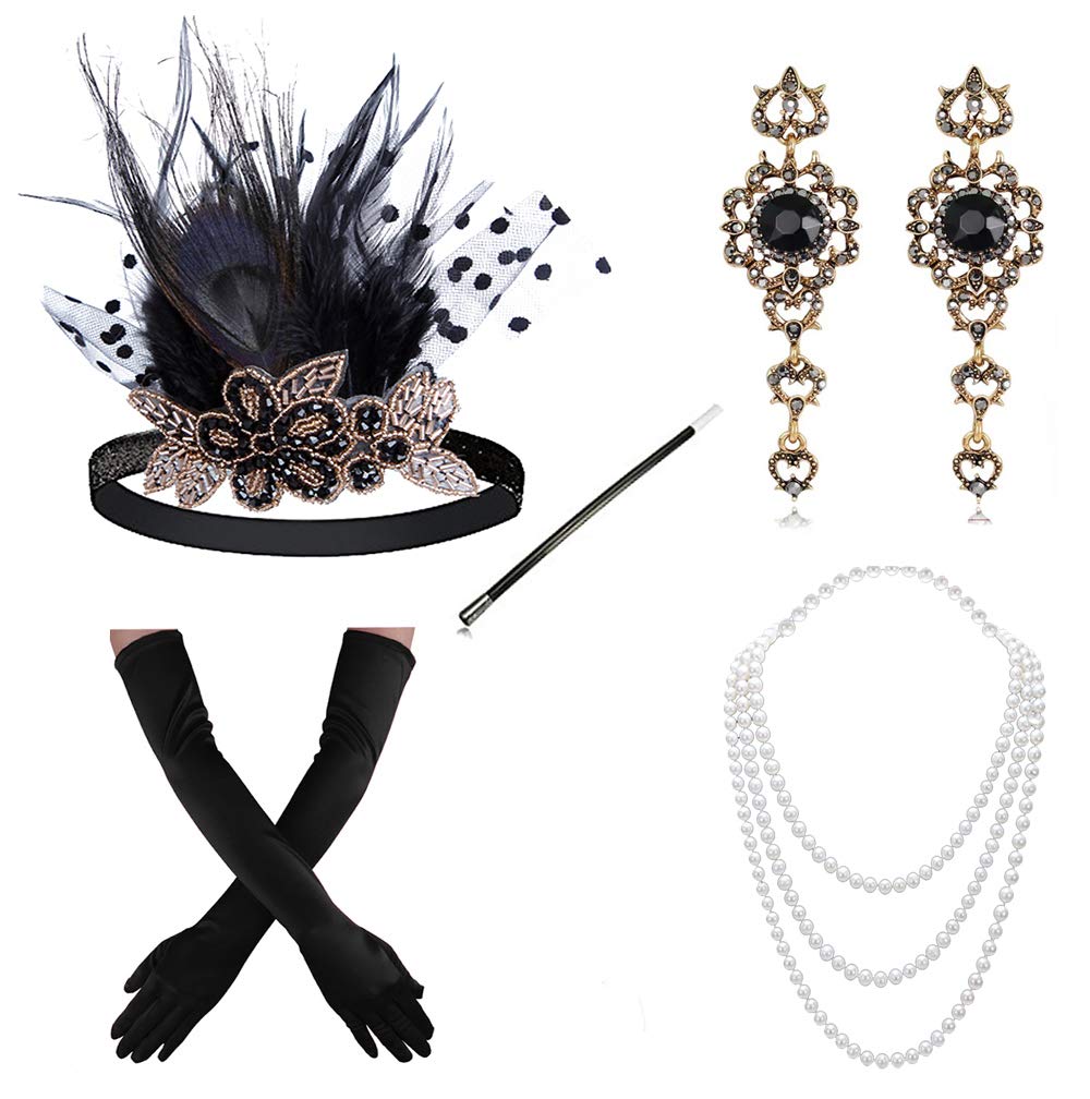 Cizoe 1920s Flapper Gatsby Costume Accessories Set 20s Flapper Headband Vintage Pearl Necklace Gloves