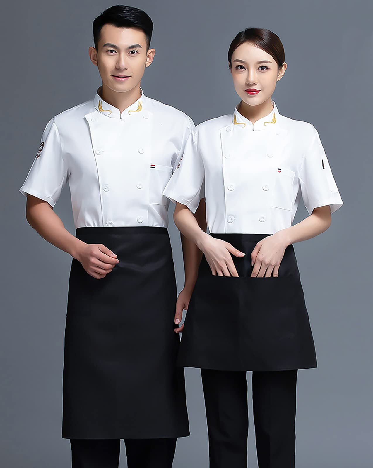 Giacca da Cuoco per Uomo Donna Manica Corta Cappotti da Cuoco Giacca Giacca da Cuoco Uniforme con Cappotti da Cuoco Traspiranti Ricamati Personalizzati per Cucina, Hotel, Panetteria, Ristorante,Bian