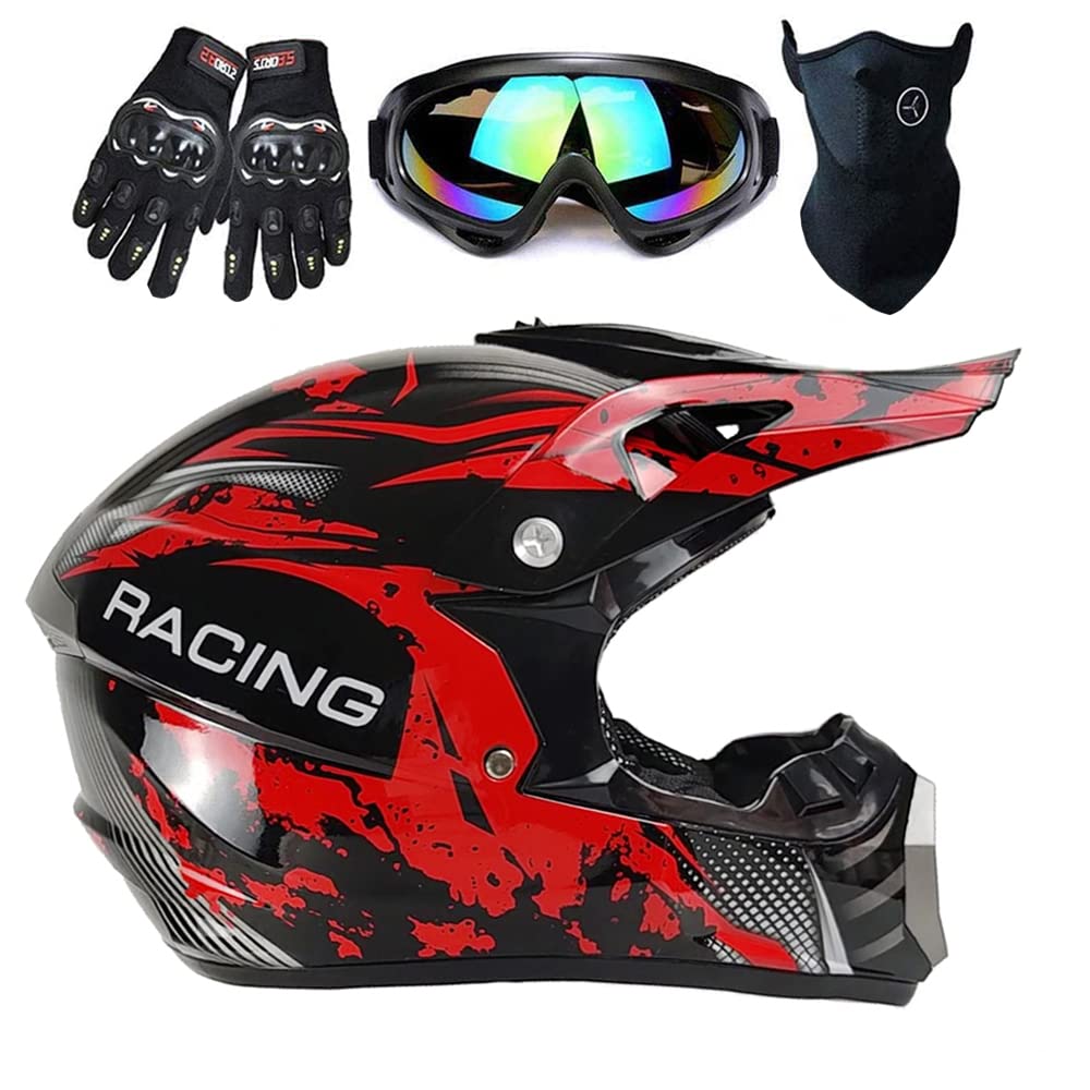 TTMiku DOT Youth Kids Motocross Helmet, Red and Black Camo Full Face Off Road Protective Helmet for Dirtbike ATV BMX MX Go-Kart 4-Wheeler Motorbike, M