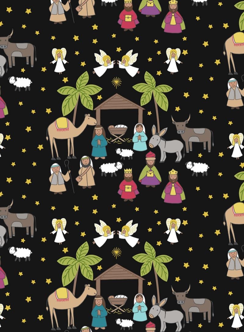 100% Cotton Lewis & Irene Christmas Eve Nativity Angels Norwegian Straw Decoration Fabrics -Simply Sew Crafty™ (Nativity Scene on Black, 0.5 Metre)