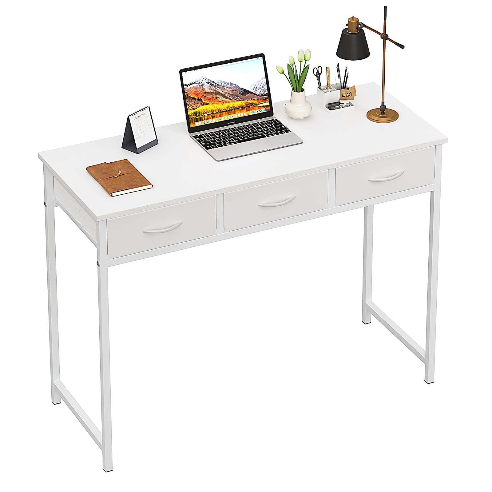 WOHOMO Small Computer Desk with Drawers, 39.3 Inch Vanity Desk with Storage, Home Office Computer Desk for Small Spaces, Modern Work Writing Study Table, White
