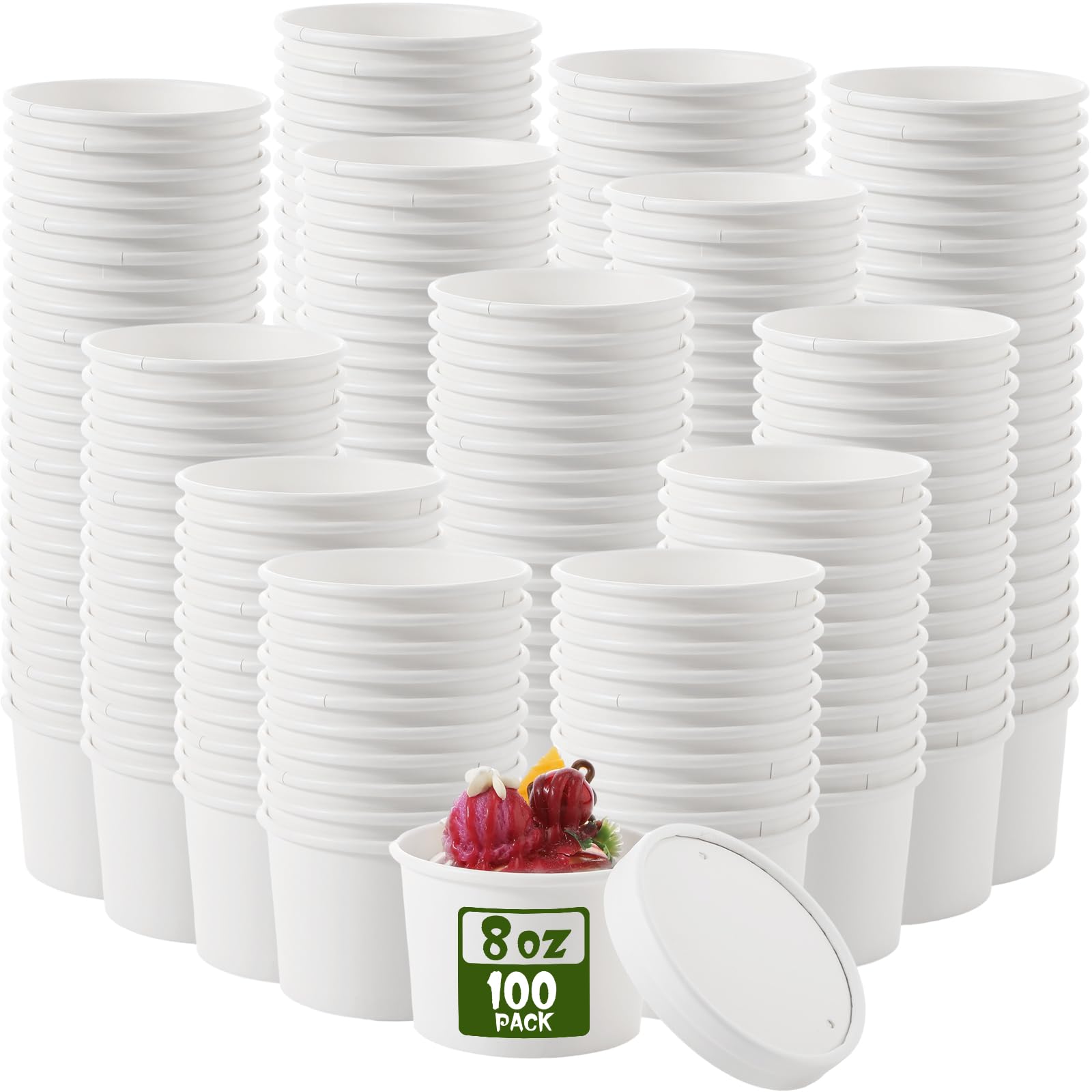 Fulmoon 8 oz 100 Pack Paper Containers with Lids Soup Bowl Cup, White
