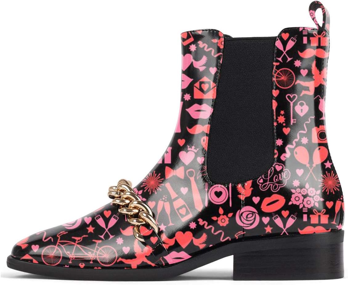 YDN Women Fashion Closed Squared Toe Chelsea Ankle Boots with Cool Mental Chain Decoration/Print Burnish Stacked Block Chunky Heels Slip On Comfort Casual Party Dress Shoes Size 4-15 US