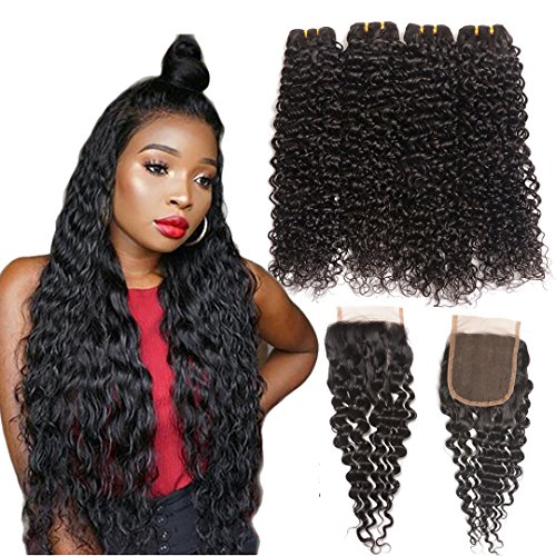 B-Fashion Brazilian Water Wave 4 Bundles With Closure (22 24 26 28+20) Wet And Weave Human Hair With Free Part Lace Closure 4x4inch Unprocessed Virgin Remy Brazilian Hair Weave Extensions