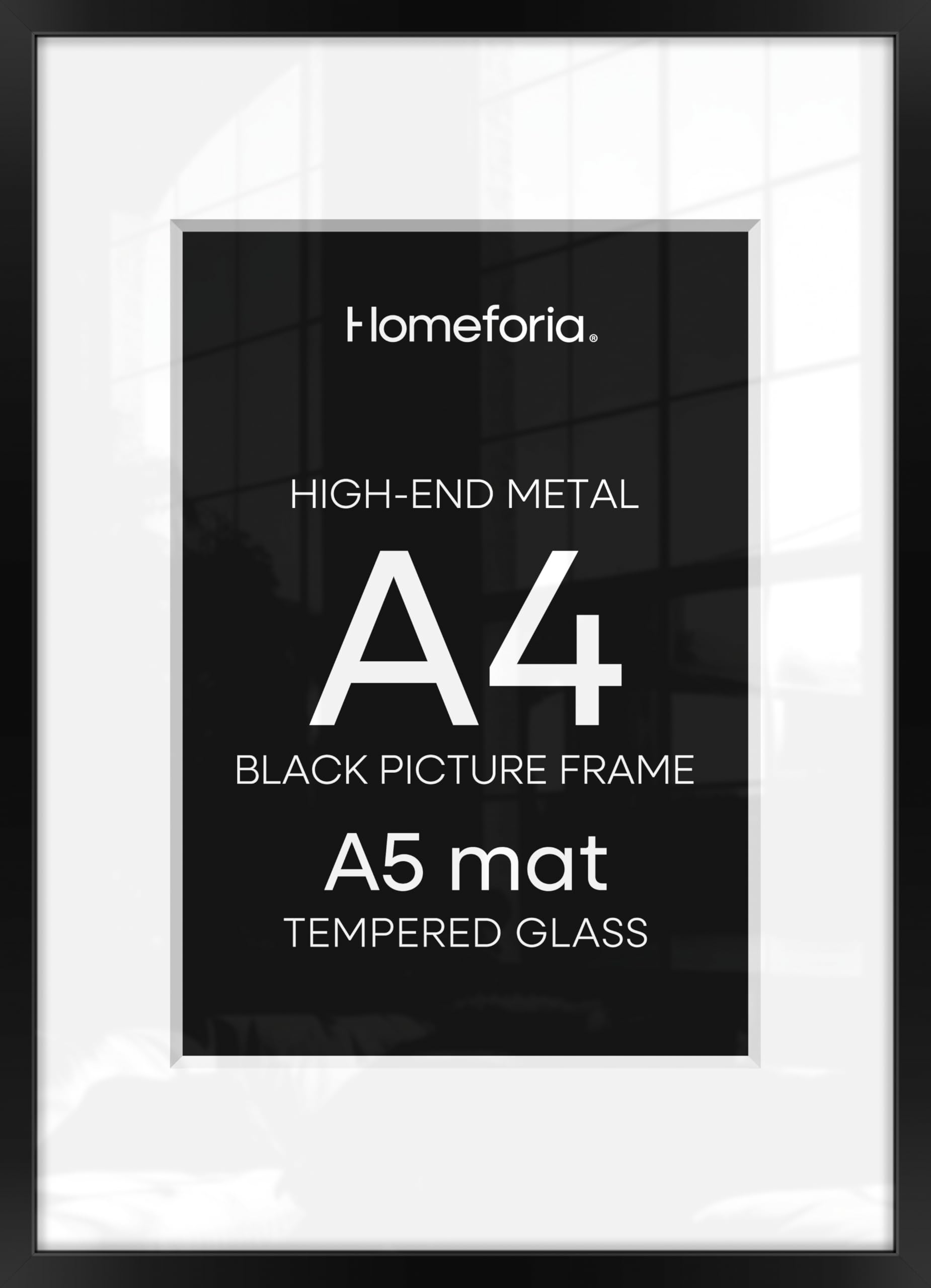 Homeforia A4 Black Picture Frame, High-End Metal, A5 Mat, Glass | High End Aluminum, Tempered Glass, Acid-Free A5 Removable Mat, A4 Edge-to-Edge Display, Wall Kit, Set Of 4