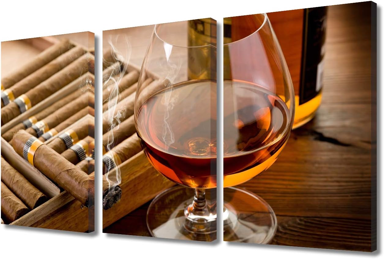 Wine Artwork for Walls Ice Whiskey Paintings Lit Cigar with Wooden Barrel Pictures for Living Room 3 Piece Canvas Wall Art House Decoration Giclee Framed Ready to Hang Posters and Prints, 36"Wx24"H