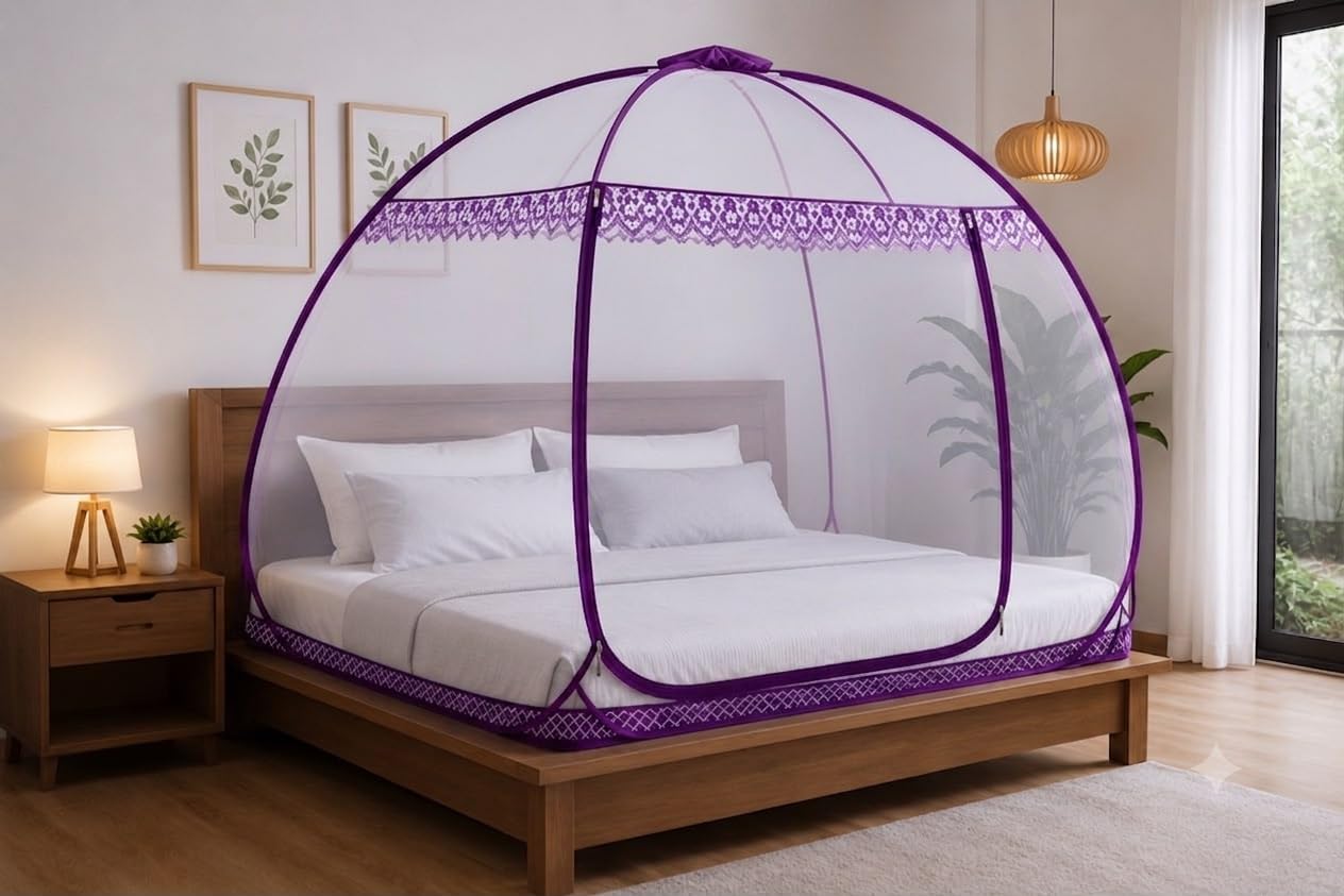 GOZETA Sports Double Bed | King Size Foldable Premium Machardani | Extra Mosquito Protection | Polyester 30GSM Strong Net | PVC Coated Corrosion Resistant Steel Wire - Purple-image-21