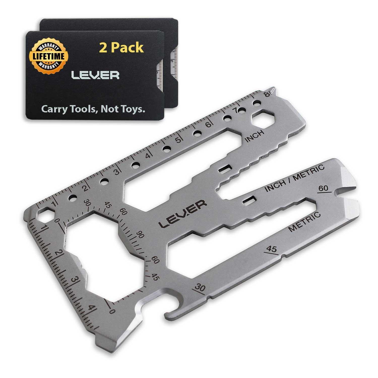 Lever Gear Toolcard Pro - 40 in 1 Credit Card Multitool. Slim, Minimalist Survival Card Wallet Tool Card. TSA Approved Multitool Card Pocket Tool. (Silver, 2-Pack)