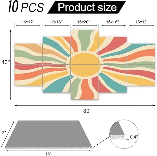 Miniatura 6 de Paneles de pared acústicos insonorizados, tapiz solar vintage, estilo bohemio, estilo retro de los años 70, salida del sol, arco iris, autoadhesivo,