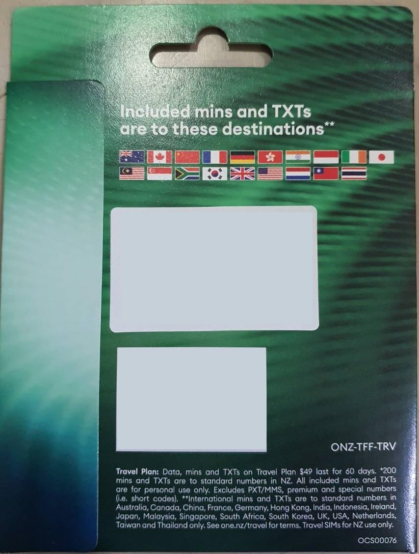Travel SIM 10 GB + Unlimited NZ mins + 200 mins and 200 Texts back home for 60 Days