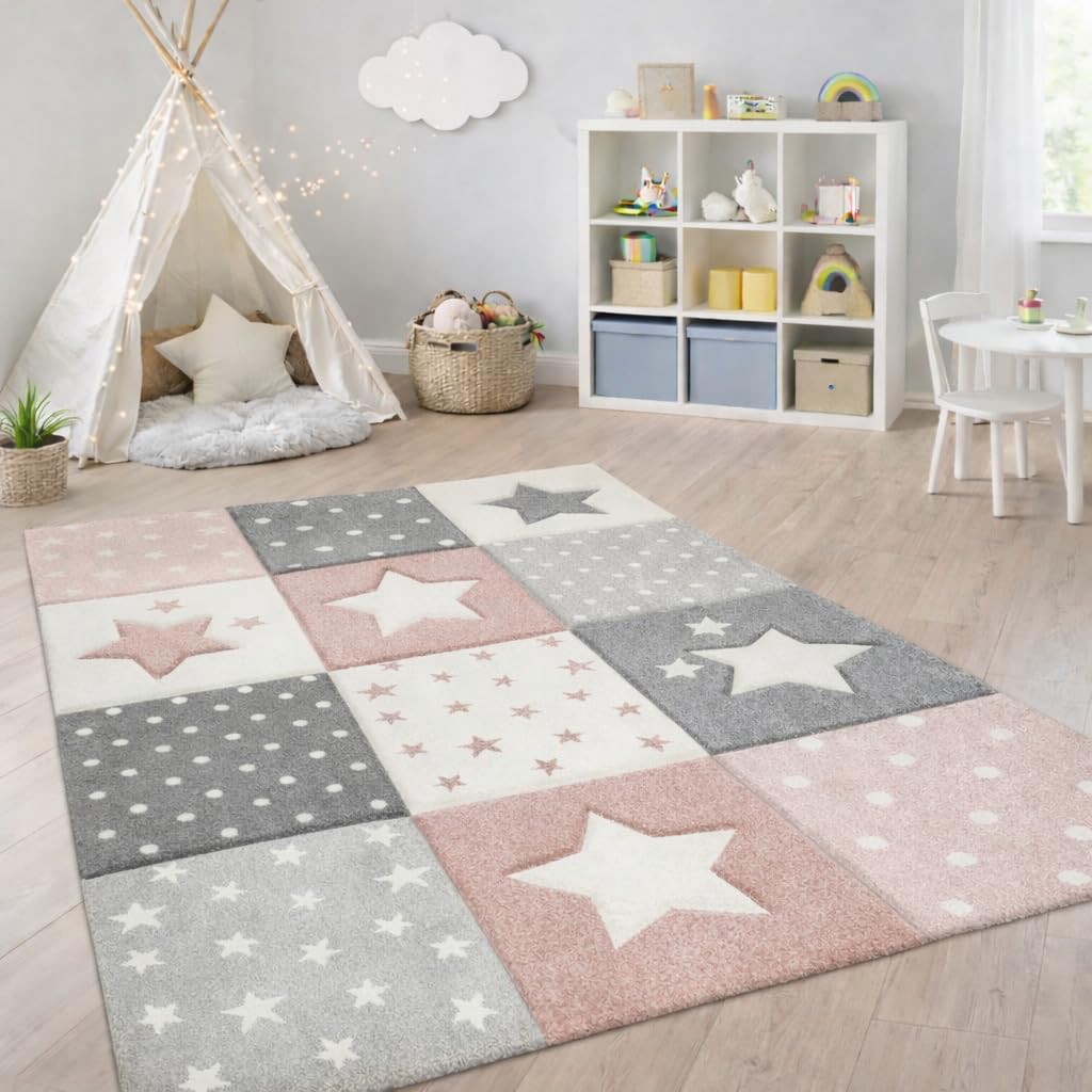 Paco Home Kids Rug for Nursery Checkered with Dots & Stars in Pink White Grey, Size: 2'8" x 4'11"