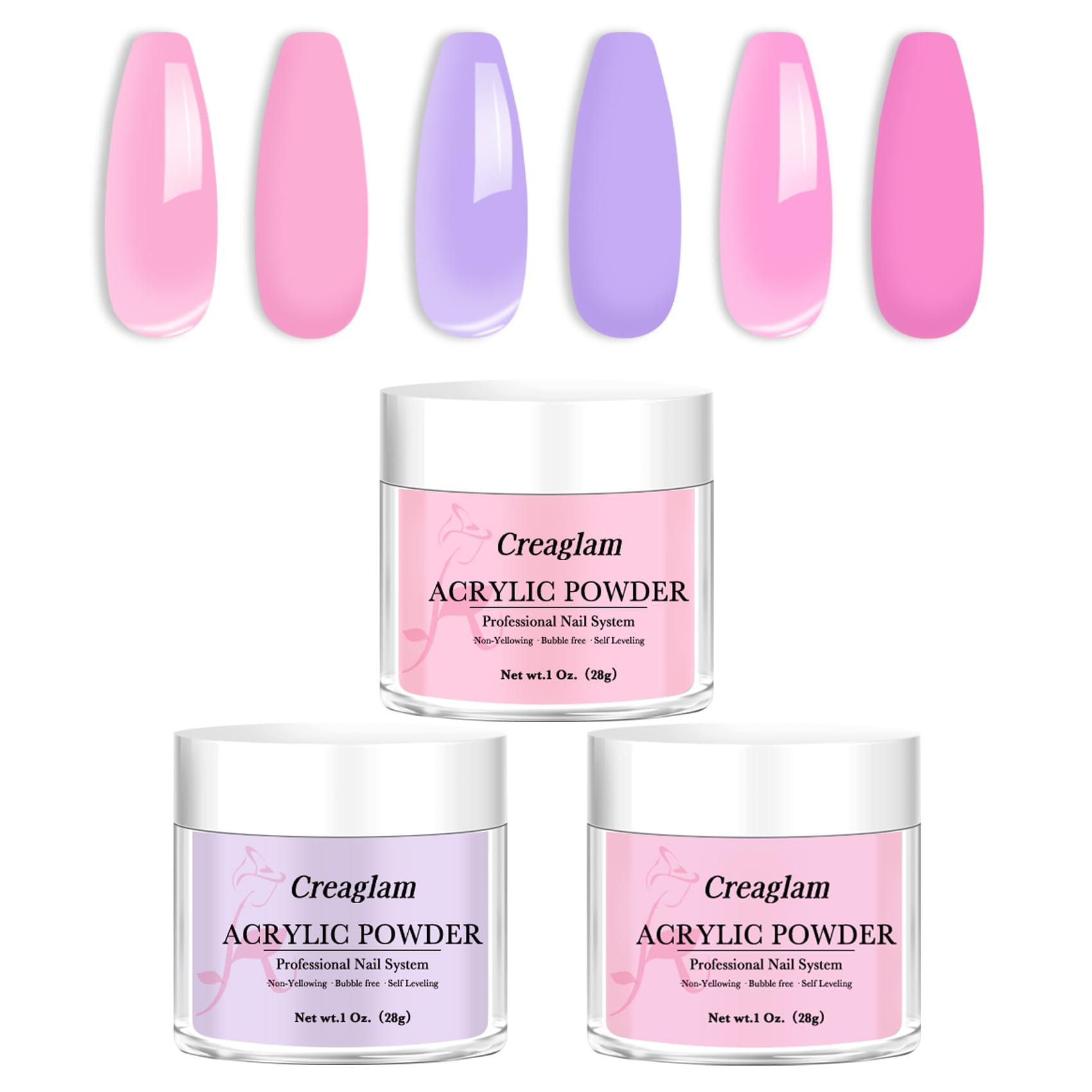 Polvo acrílico súper 0.99 oz: 3 piezas de polímero de uñas de gran capacidad fucsia rosa lila brisa para extensión francesa de tal