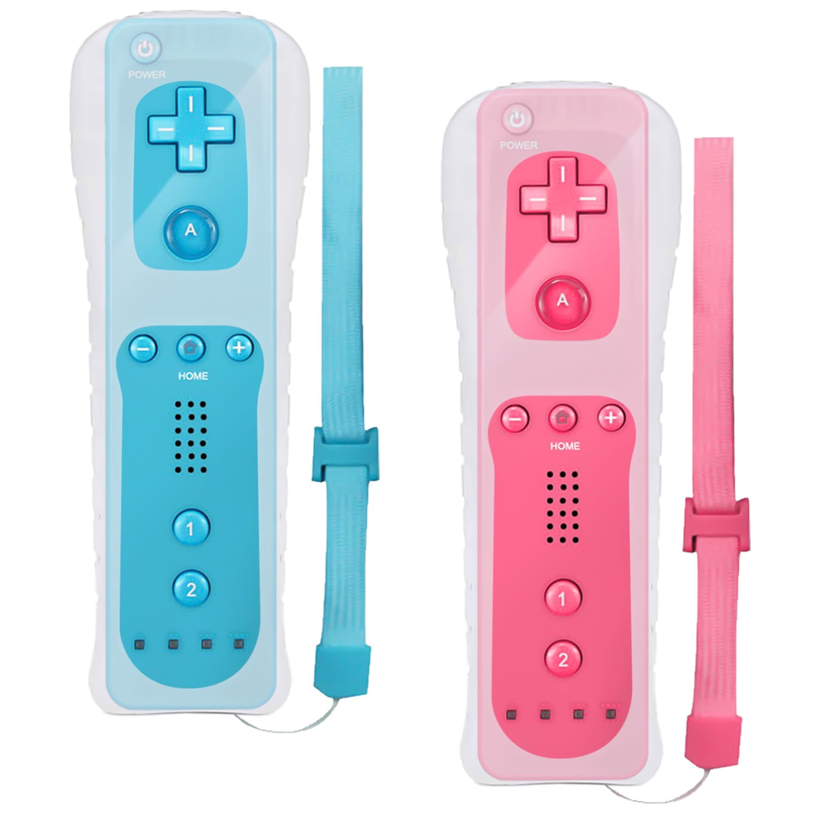 GBKDQQ Lot de 2 manettes Wii, manettes de jeu sans fil avec capteur de mouvement, manettes de remplacement pour Wii et console Wii, avec étui en silicone et dragonne (rose + bleu)