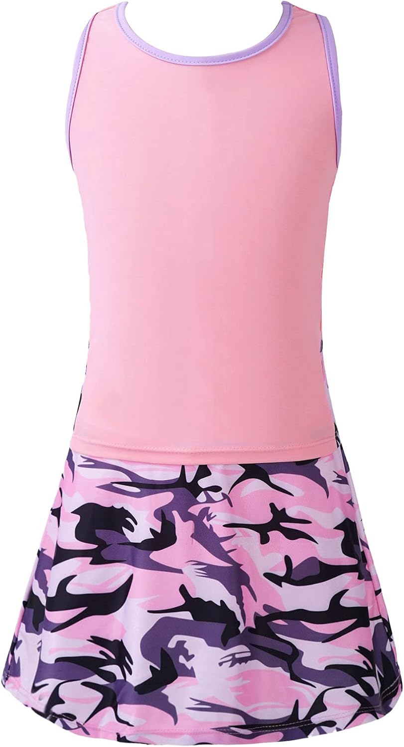 Yhong Kids Girls Tennis Golf Dress Outfits 2 Piece Racerback Tank Tops with Pattern Skorts Tracksuits Set