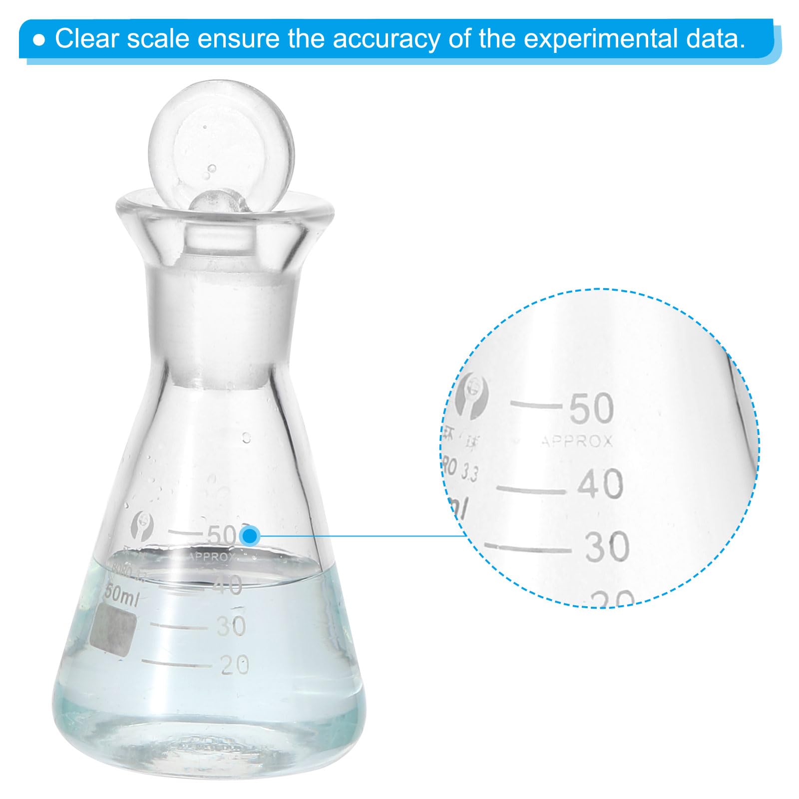 PATIKIL Matraz Erlenmeyer, 3 Pcs 50ml 1.7oz Boca Estrecha Matraces Graduados Con Tapón De Vidrio Matraces De Vidrio Borosilicato Con Escala Impresa Para Experimentos Química Ciencia