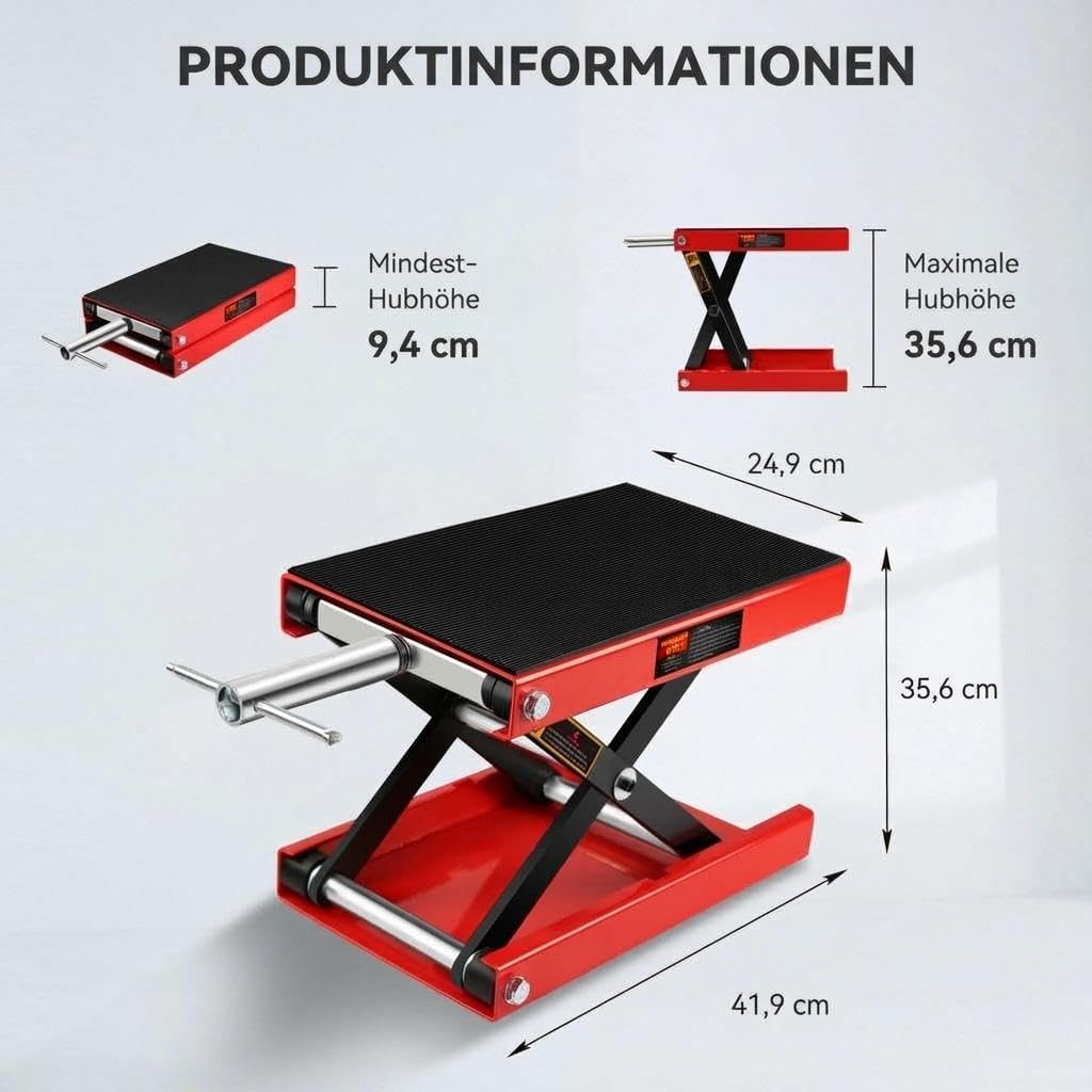 GarveeTech 500kg Motorradhebebühne Scherenheber, 160-475mm Motorradheber | Rutschfeste Gummiauflage, Inkl. Sicherheitsbolzen, Hohe Stabilität, Für ATV & UTV Wartung, Robust, Einfache Handhabung