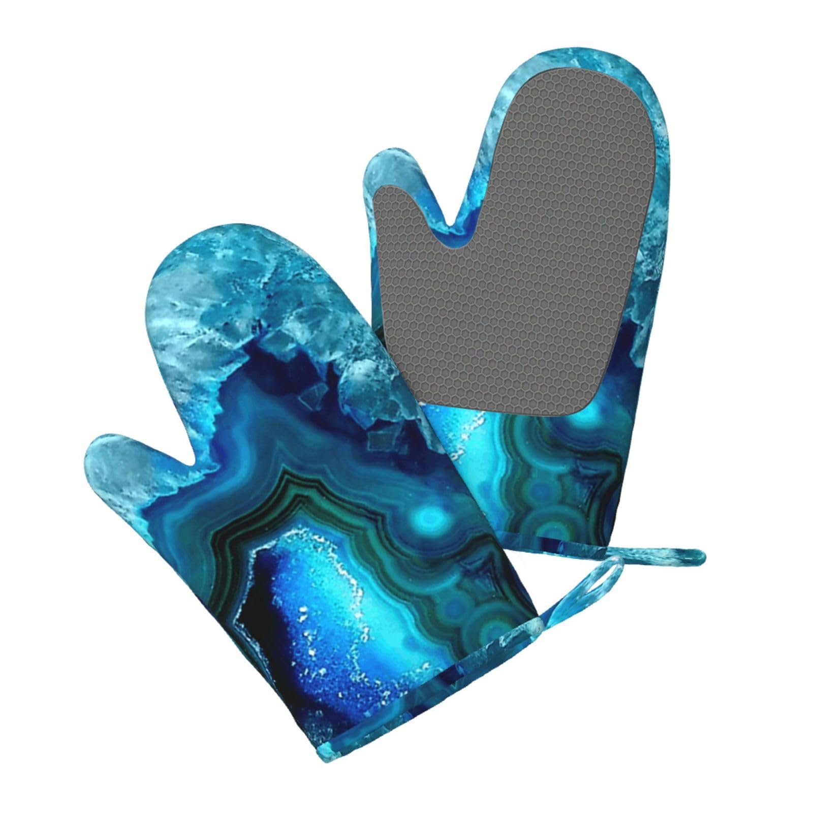 Silicone Oven Mitts Set 2PCS, Bright Aqua Blue Turquoise Printed Heat Resistant Non-Slip Silicone Oven Gloves for Kitchen Cooking Baking Microwave