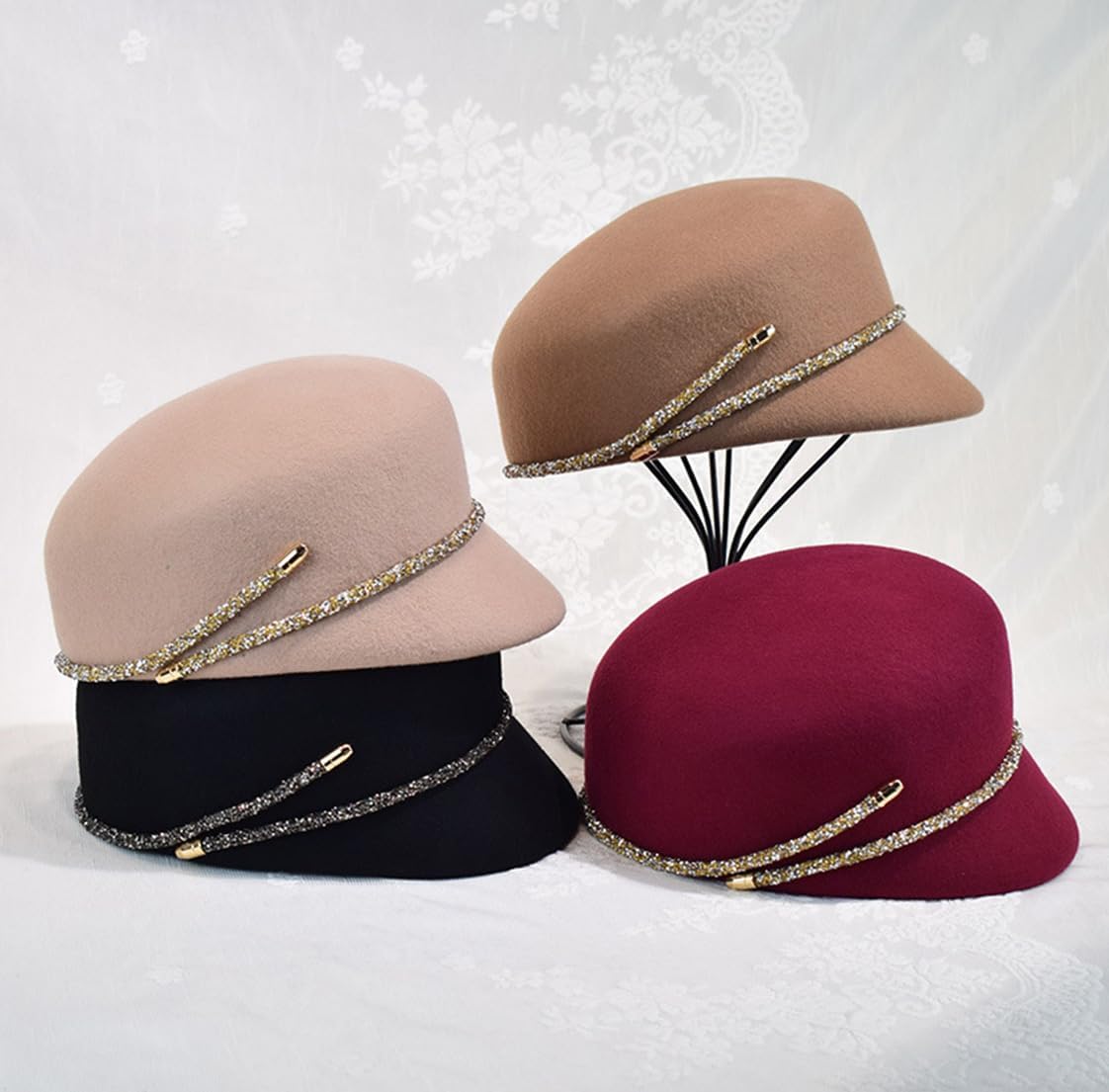 Women Beret Newsboy Hat French Wool Cap Classic Autumn Spring Winter with Bling Diamond Brim