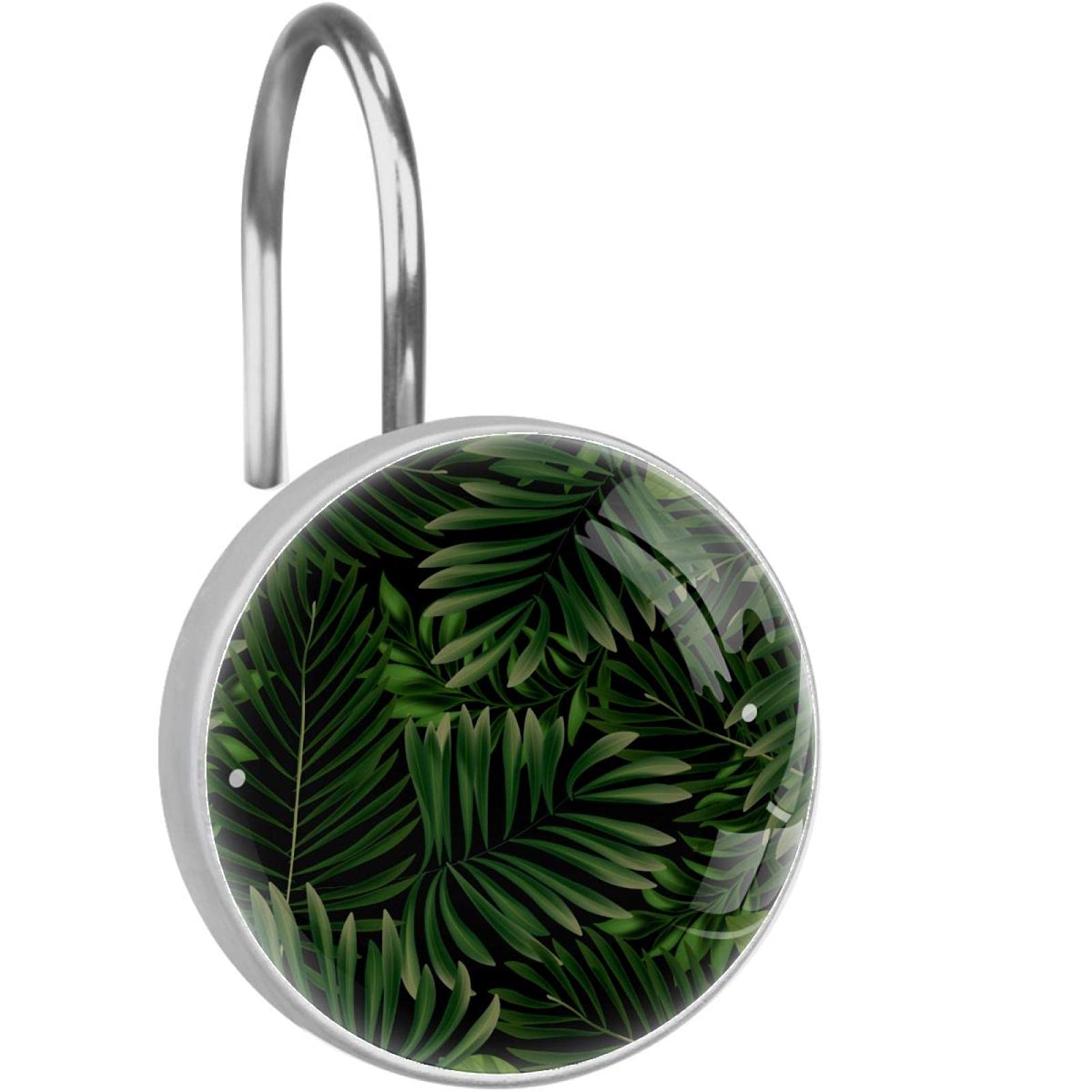 Crochets de rideau de douche lot de 12 anneaux inox vert foncé motif feuilles tropicales pour salle de bain