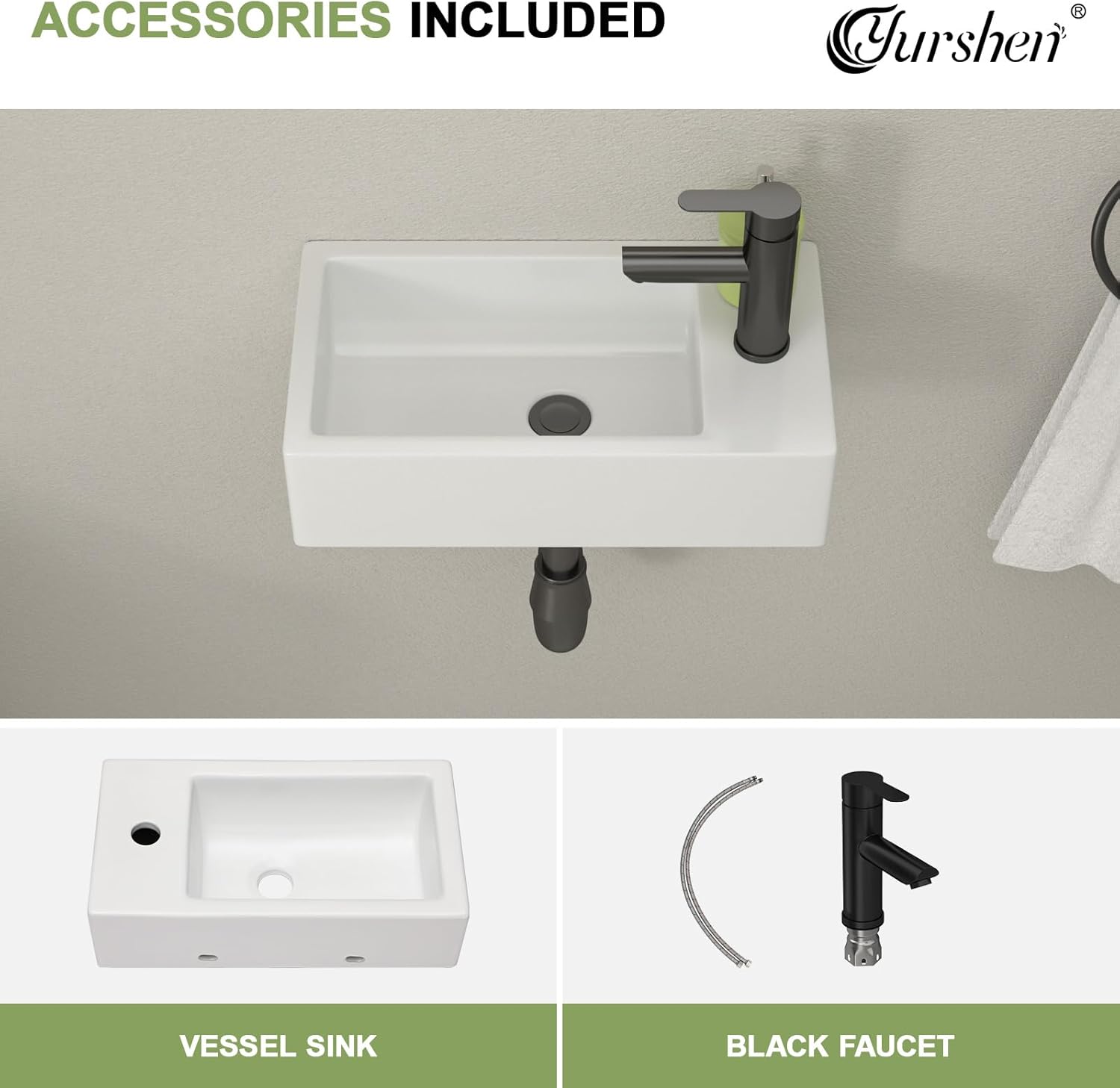 18'' Floating Bathroom Sink with Black Faucet- 18"x10" Rectangle Ceramic Porcelain Wall Hung Bathroom Sink with Black Towel Rack Overflow Combo Wallmount Sinks