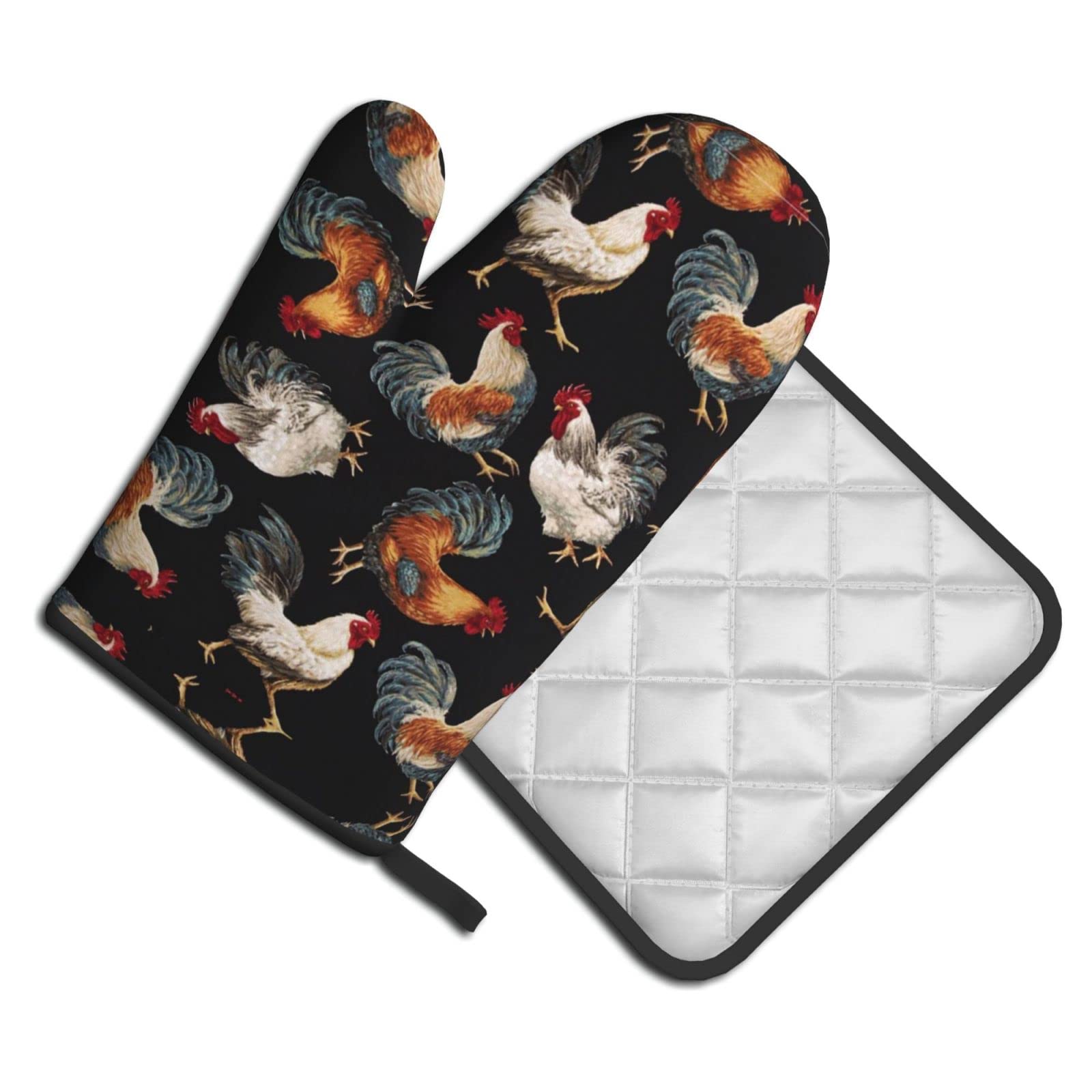 Set di 2 guanti da forno e presine con stampa di gallo e pollo, guanti lunghi e flessibili spessi per cucinare, grigliare