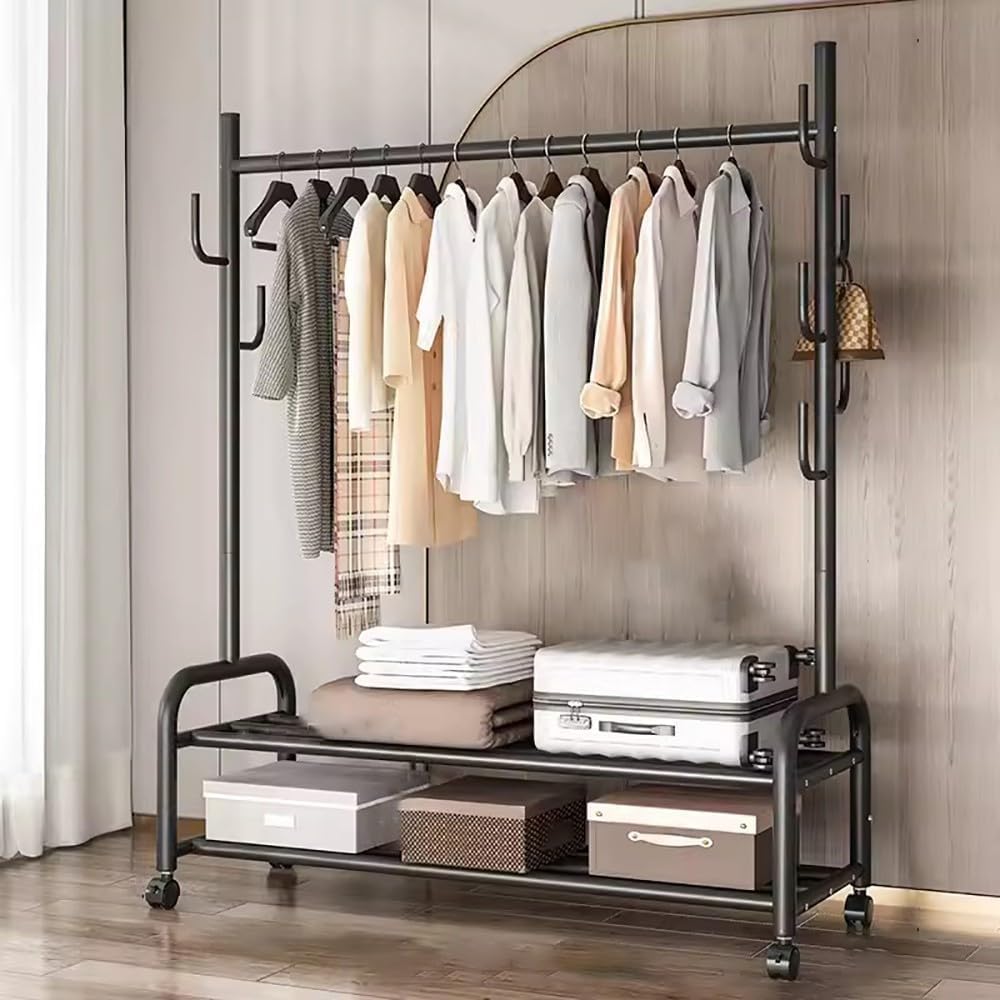 MYUYEE Heavy-Duty Clothes Rack On Wheels, Metal Clothes Rail, Multifunctional Mobile Coat Rack With Shoe Rack And 7 Hooks For Bedroom, Hallway, 120/150 * 37 * 165Cm(D-120Cm)