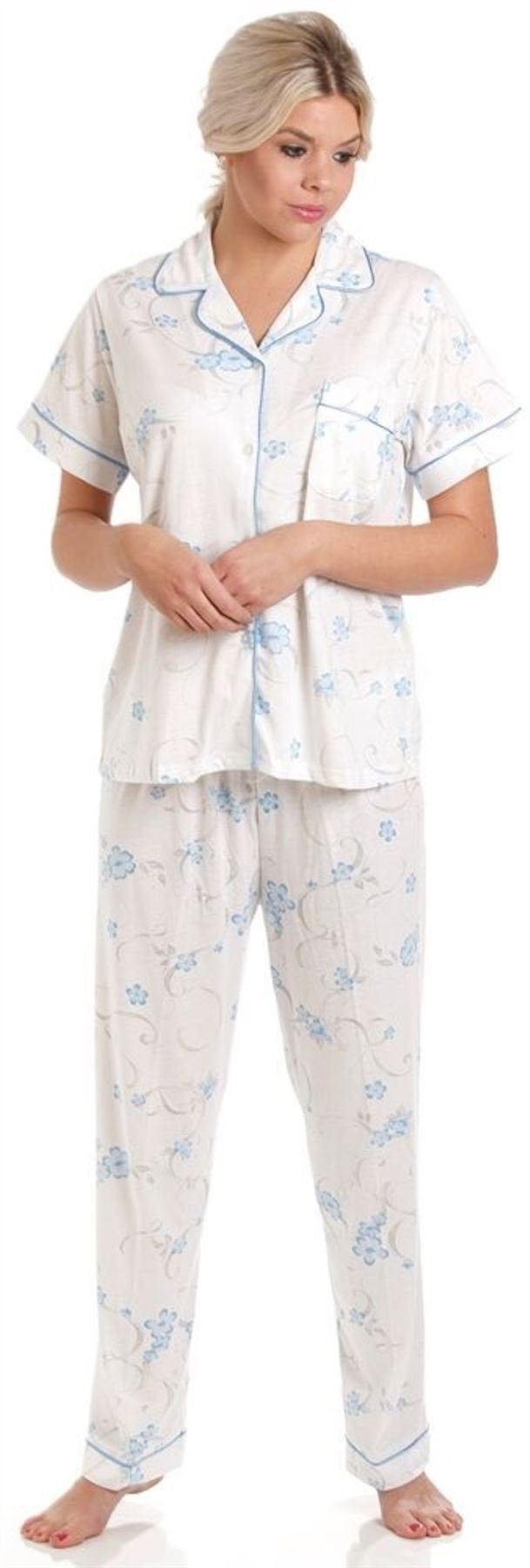 Lady Olga Women's Blue Floral Jersey Short Sleeved Floral Pyjamas 450 Blue 14-16