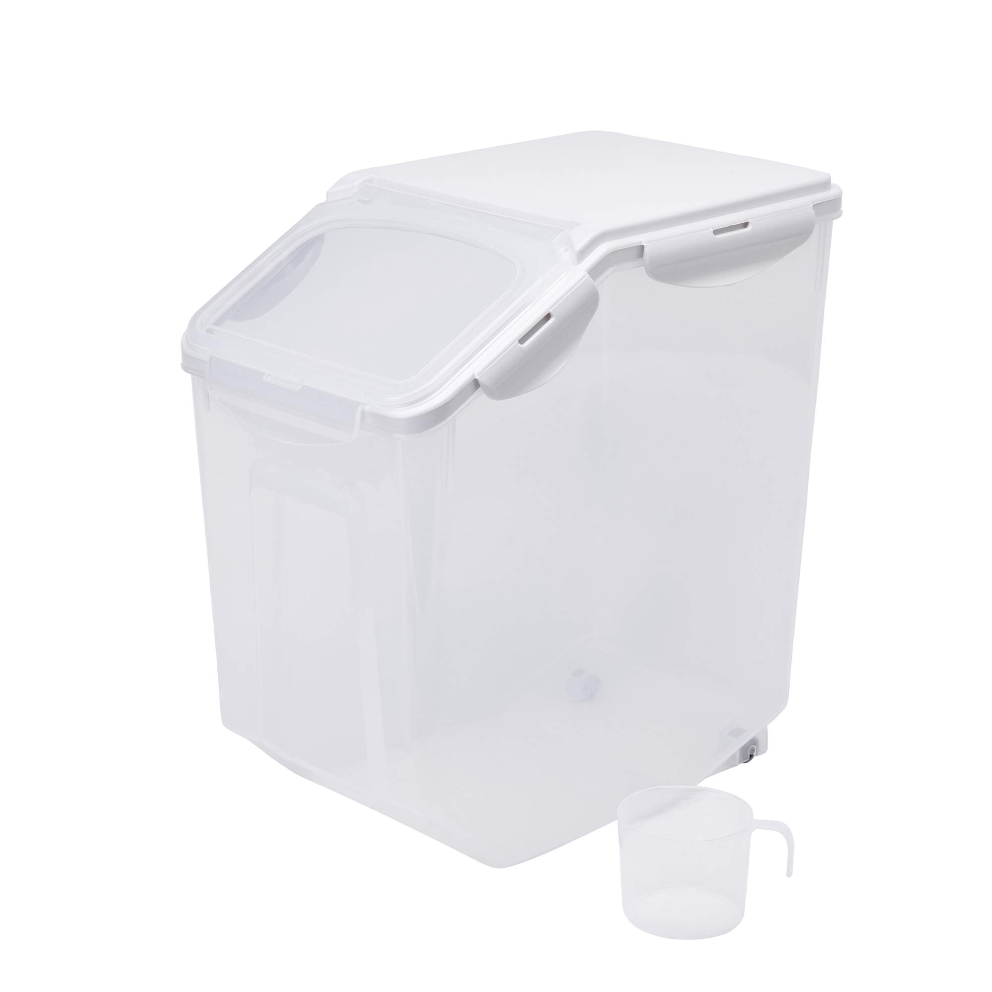HANAMYA Contenedor de almacenamiento de alimentos con taza medidora, sin BPA, 80 tazas, para arroz, grano, comida para mascotas, harina, transparente