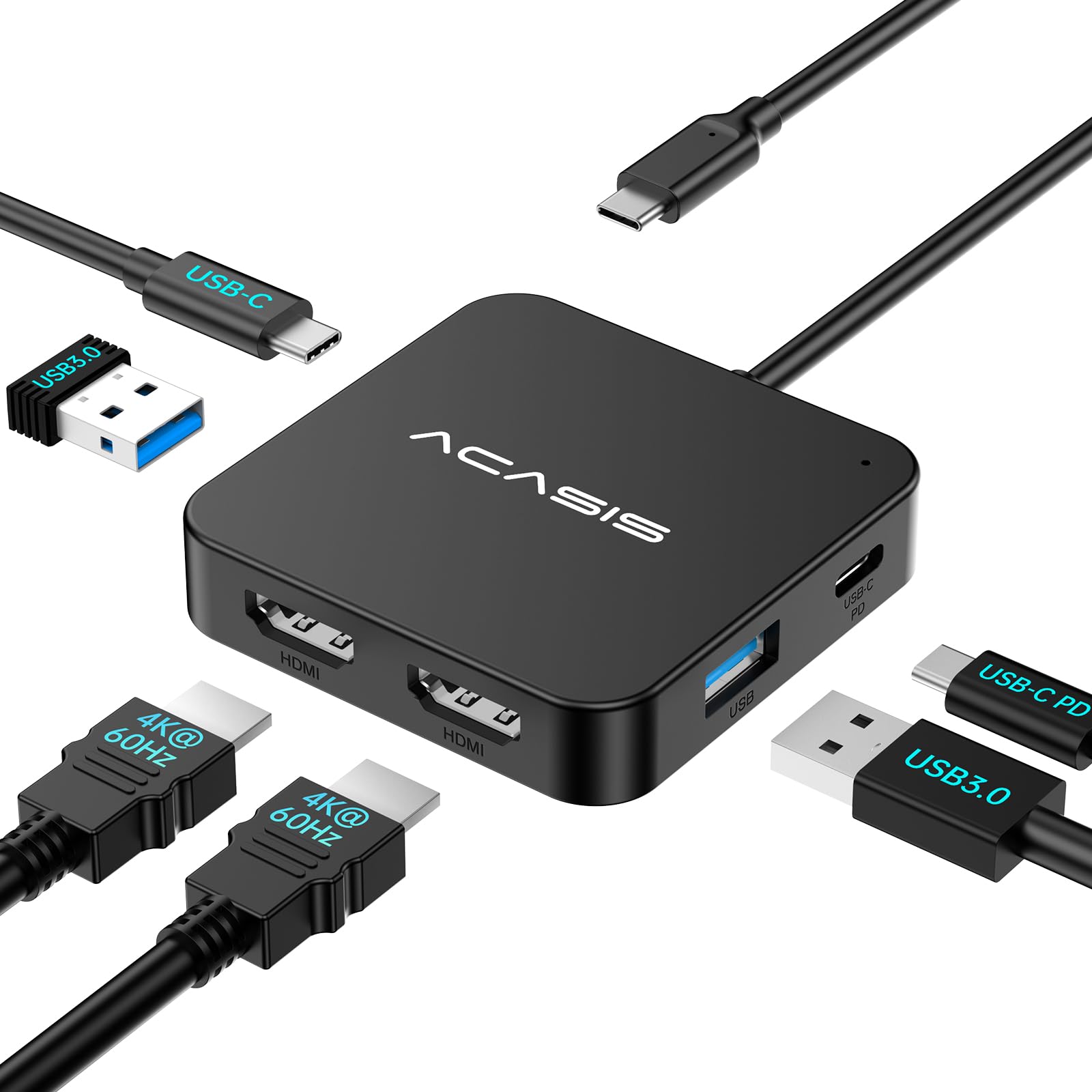 ACASIS Docking Station USB C 2 HDMI, Hub USB C HDMI 4K 60Hz, 100W PD,2 USB 3.0, adattatore multiporta USB C per Dell XPS/MacBook/Surface/iPhone 15/Lenovo