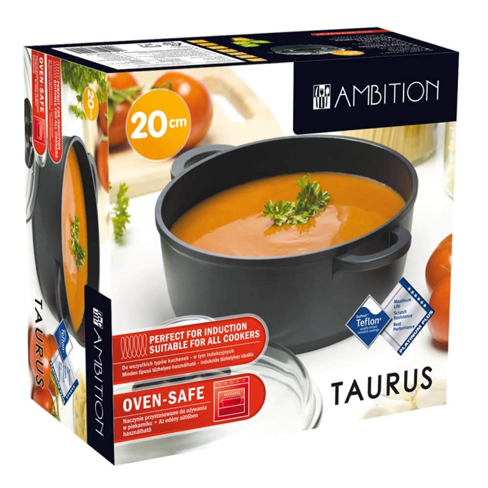 AMBITION Faitout 3,8L 24cm Couvercle Verre - Fonte Aluminium Antiadhésif Induction Noir