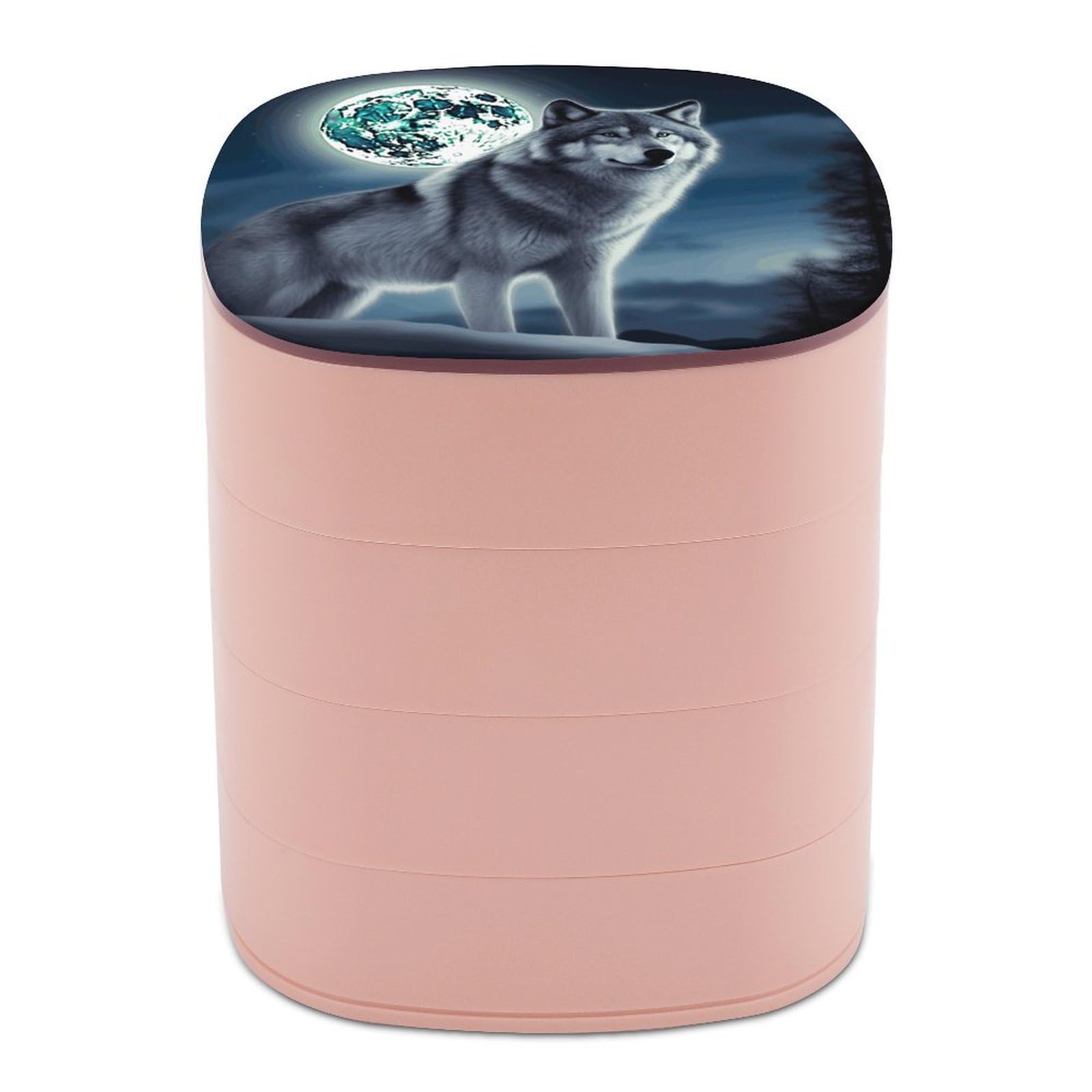 Wolf Under Moon Jewelry Box 360° Rotatable Jewelry Organizer 4 Layers Jewelry Case with Lid Fashion Portable Earring Holder for Bracelets Rings Bracelets Vanity