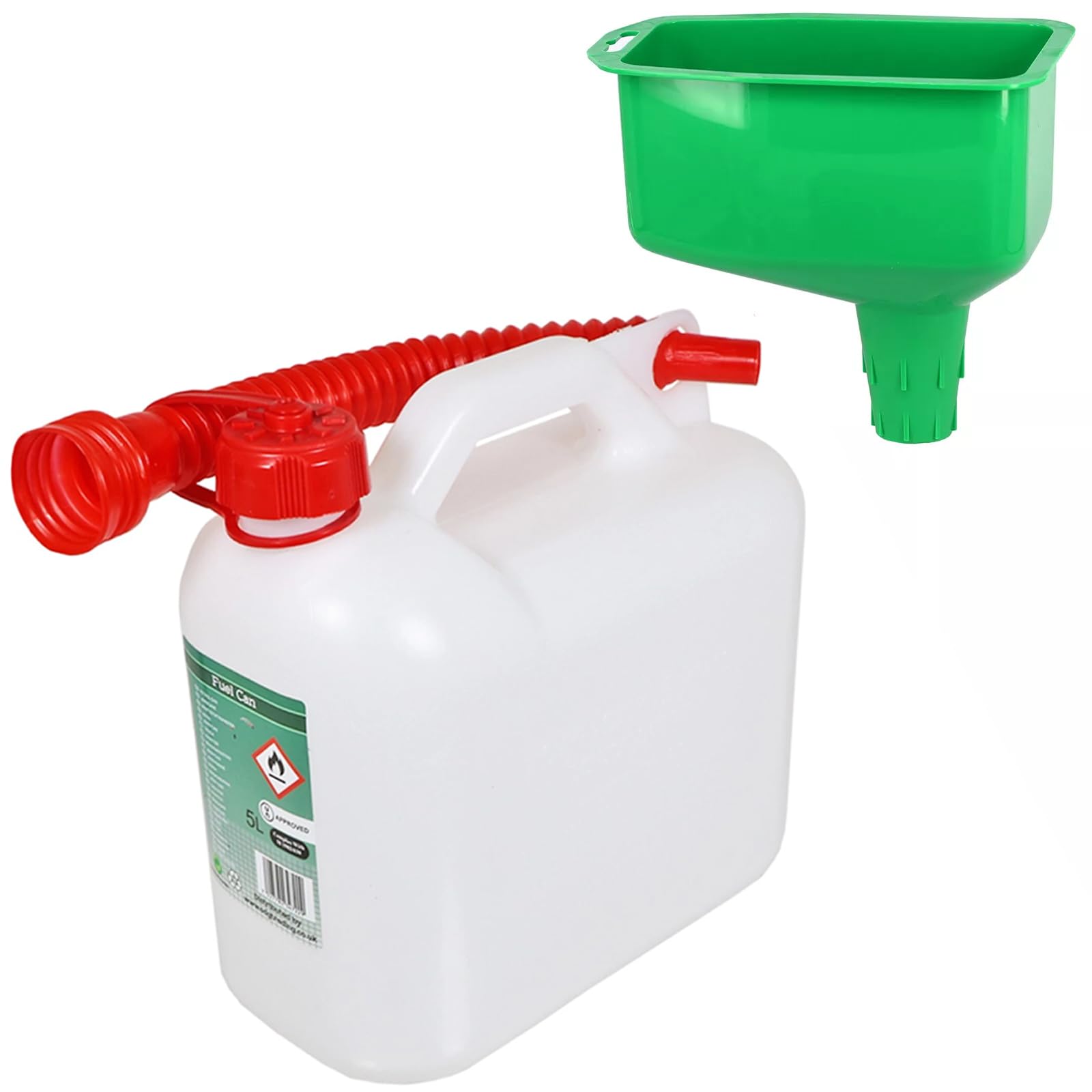 SPARES2GO 5 Litre Fuel Can Petrol Diesel Jerry Canister with Flexible Spout + Funnel
