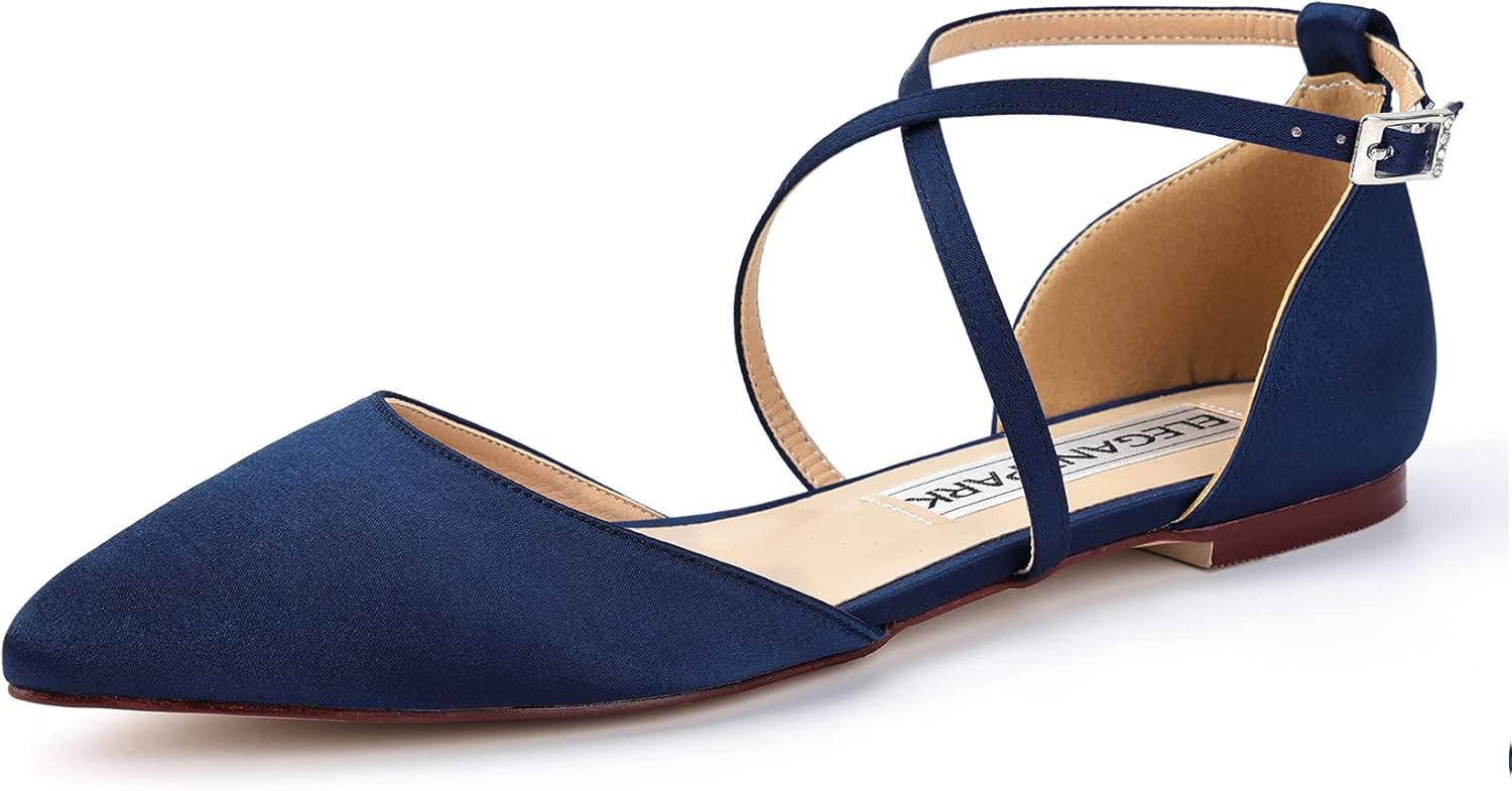 ELEGANTPARK FC2322 Comfortable Wedding Flats Pointed Toe Flats for Women Ankle Straps Satin Shoes for Women Dressy Low Heel Navy Blue US 11