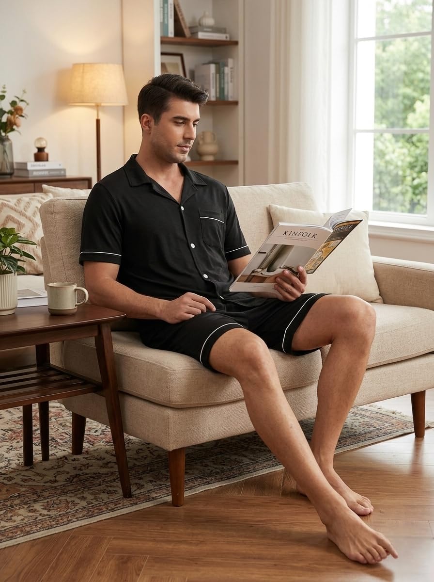 MoFiz Mens Cotton Pajamas Set Sleepwear Shorts Soft Summer Button Down Pjs Set 2 Piece Loungewear with Pockets S-3XL