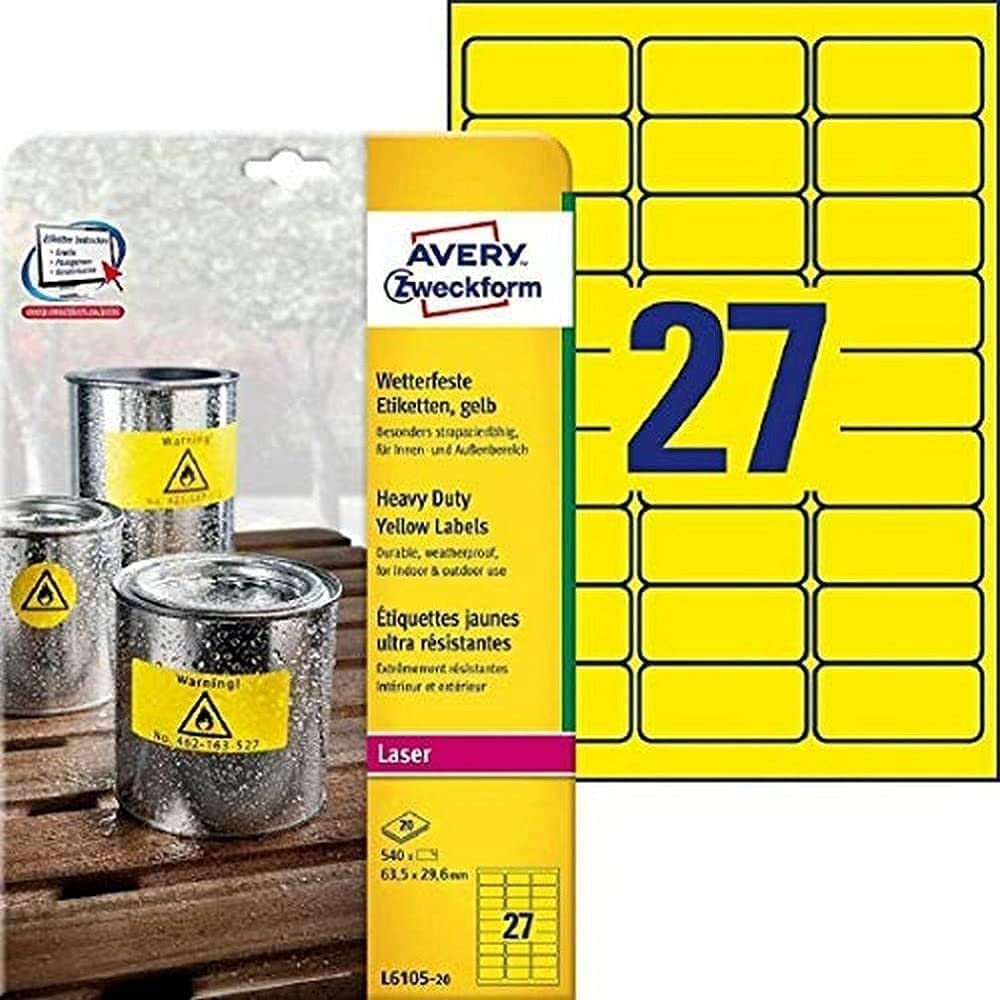 Avery ZweckformL6105-20 Heavy-Duty Weatherproof Labels for Shelves 63.5 x 29.6 mm 20 Sheets
