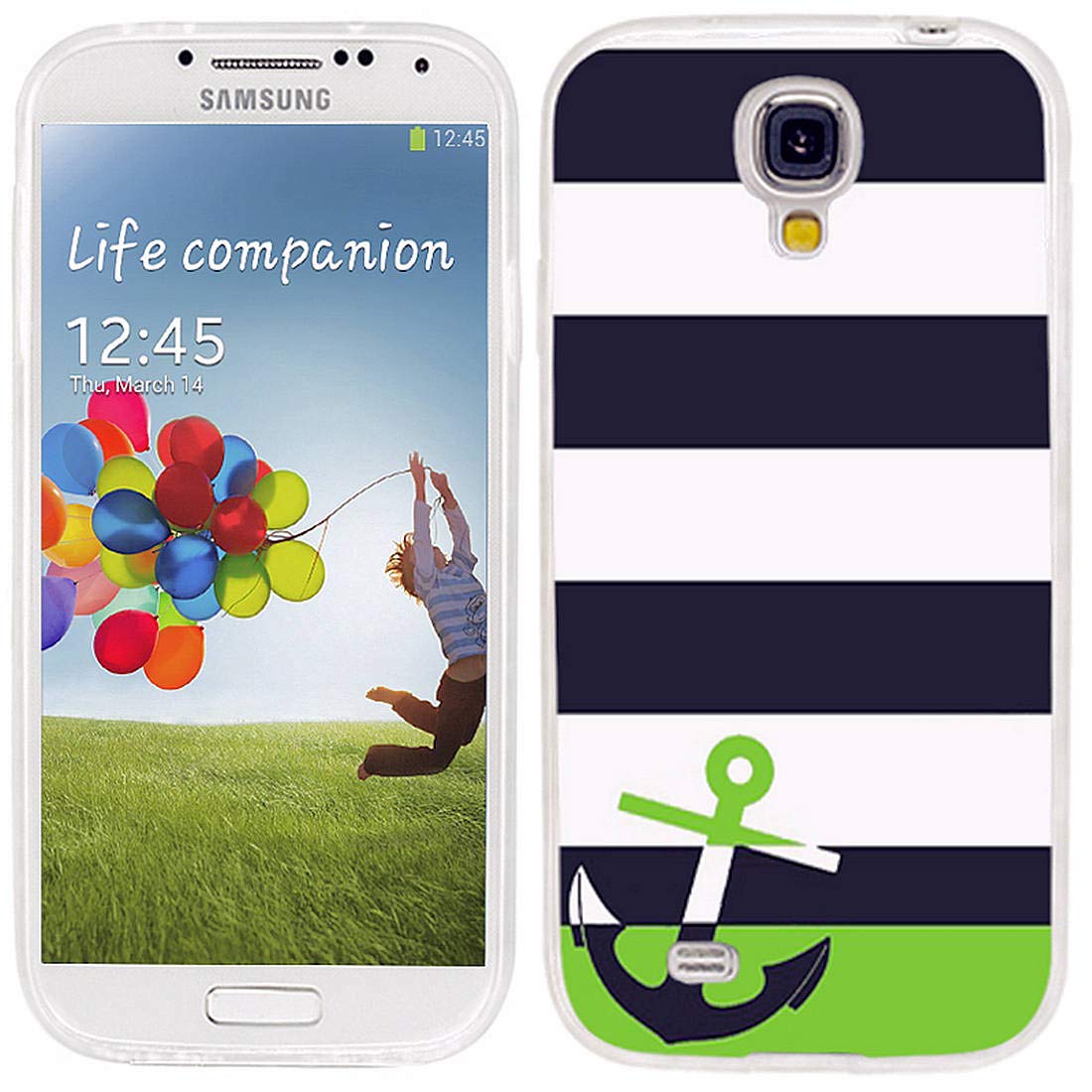 ChiChiC S4 Case,Galaxy S4 Case,360 Full Protective Anti Scratch Slim Flexible Soft TPU Gel Rubber Clear Cases Cover with Design for Samsung Galaxy S4,Geometric Navy Blue White Stripe Green Anchor