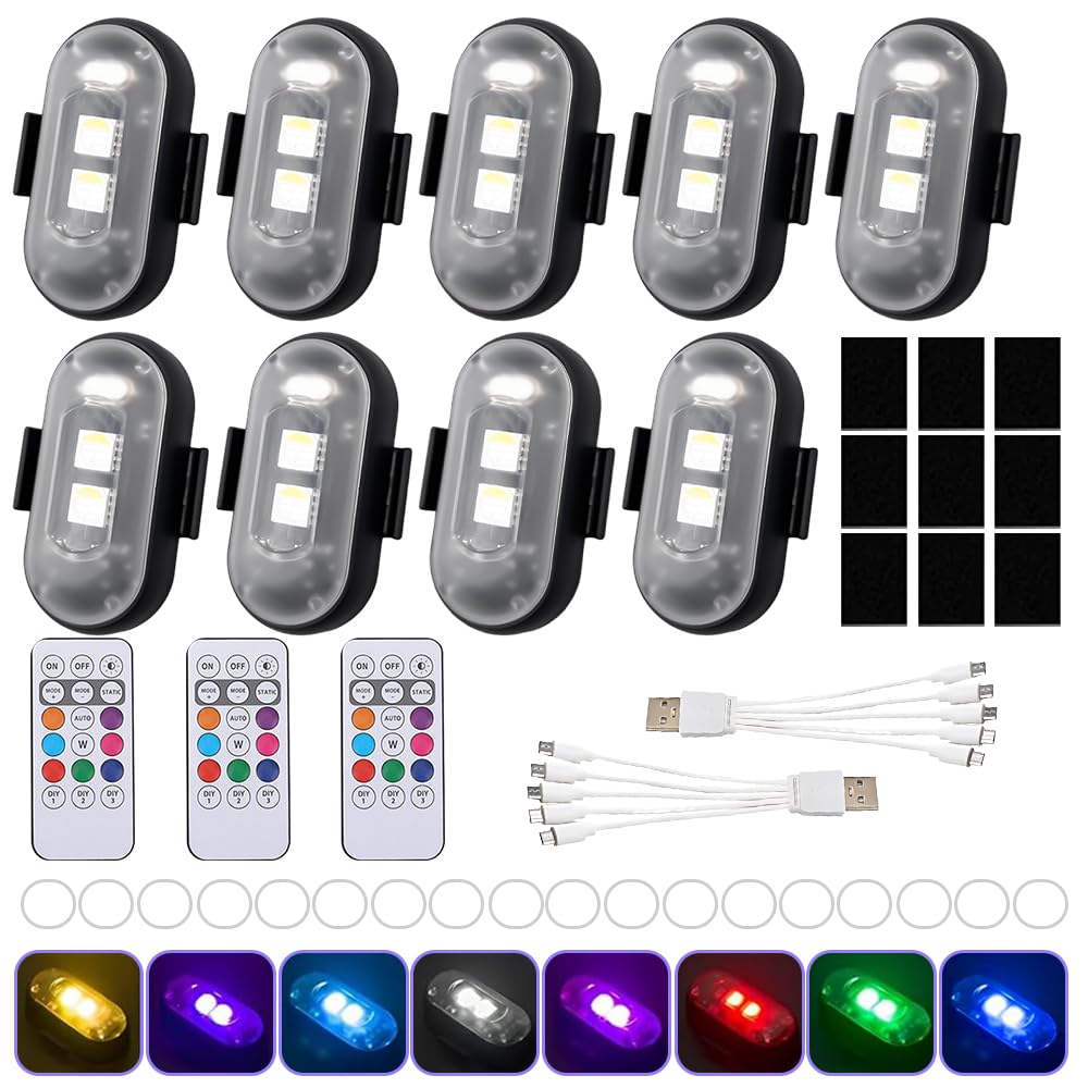 Kabellose Led Lichter, WDKXCN 9 Stück Fernbedienung Blitzlicht, 8 Farben Strobe Drone Light, Led Blitzlicht mit 3 Fernbedienung, Led Lichter Kabellos für Unterbodenbeleuchtung Scooter Drohne Motorrad