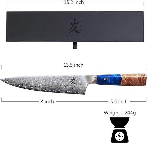 Miniatura 5 de SAMCOOK Cuchillo de chef de 8 pulgadas, 67 capas forjado a mano, cuchillo de chef de damasco de alta resistencia y buena dureza, cuchillo de cocina