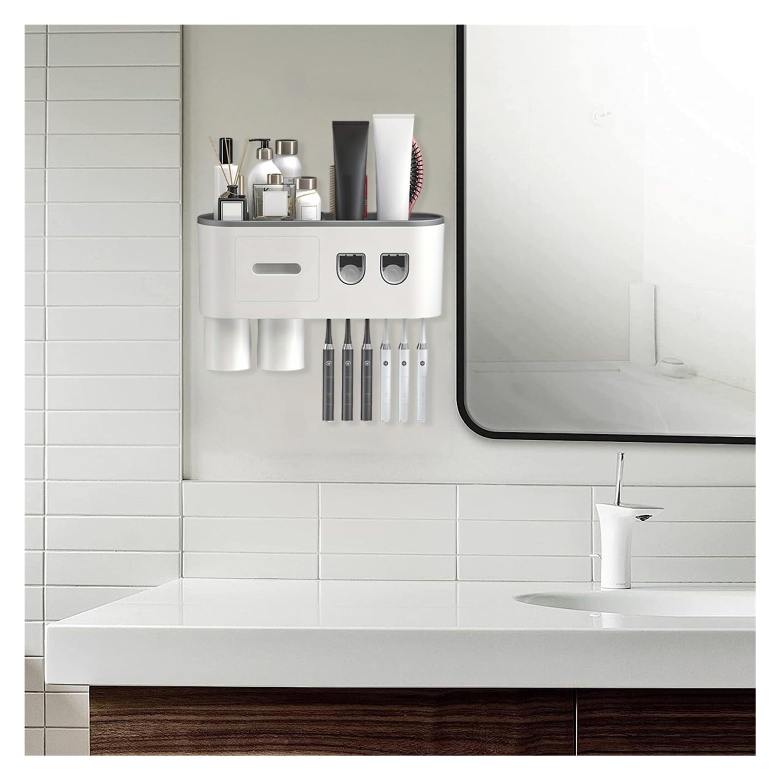 Portacepillos de Dientes Soporte de Pared for cepillos Dientes con dispensador automático Pasta, Organizador baño sin Taladro Vaso de Enjuague bucal Reutilizable(2 Cups)