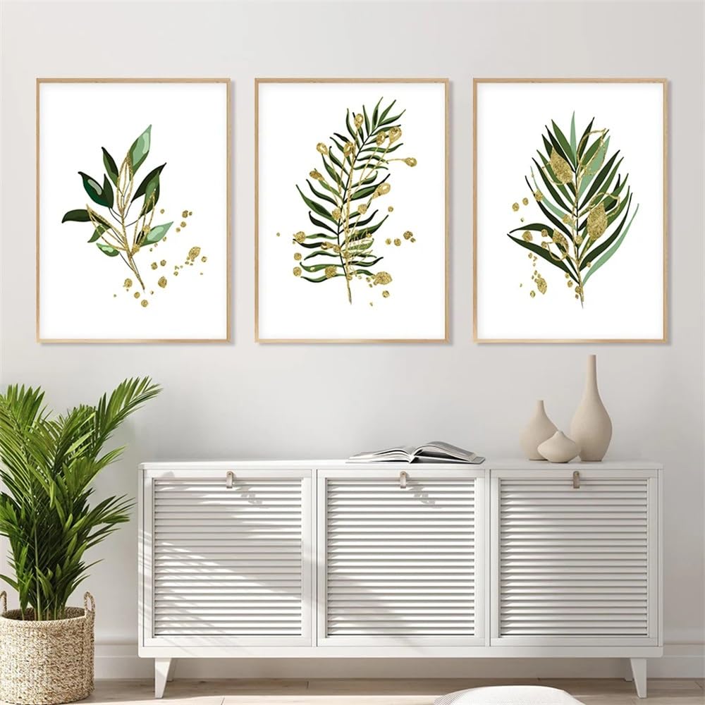 WUHBCZ Art Pictures-Modern Abstract Gold Green Plants Leaves Nordic Posters Canvas Painting Wall Art Prints Picture for Living Room Interior Office Home Decoration-50 * 70cm/3PCS (No Frame)