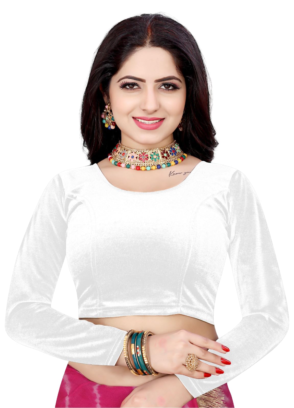pre smart Women's Solid Velvet Breathable Stretchable Full Sleeve Round Neck Readymade Saree Blouse-picture-32