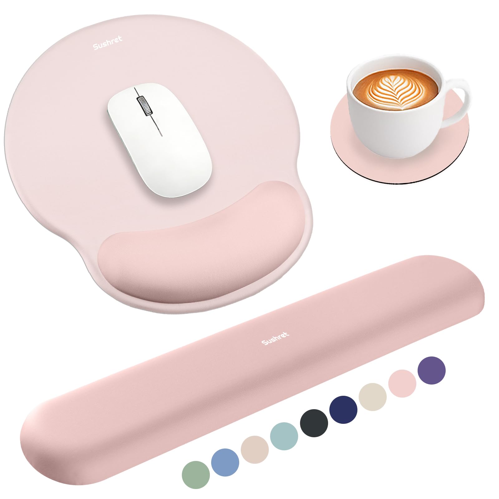 Sushret Mouse Mat and Keyboard Wrist Rest Set, 3-in-1 Gel Memory Foam Ergonomic Mouse Pad with Wrist Support, Gaming Mousepad Arm Cushion for Computer Office Desk Accessories Cute Setup,Pink
