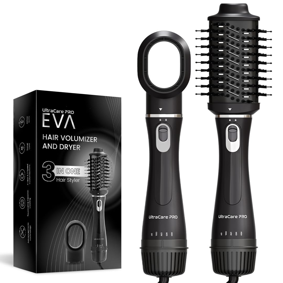 UltraCare PRO EVA Hair Volumizer and Dryer - 3 in 1 Hair styler- Dryer, Straightener & volumizer - 360* Air flow, Ionic technology, charcoal Bristles - Smooth, Frizz-Free, Voluminous Hair, 1200Watt