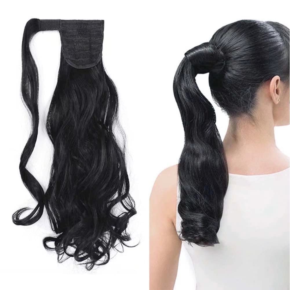 ( 1-jet black) - iLUU 46cm Curly Wavy Wrap Around Ponytail Extension for Women 100g Japanese Heat Resistent Natural Synthetic Fibre 1 Jet Black Coloured Clip in Pony Tail Ponytails