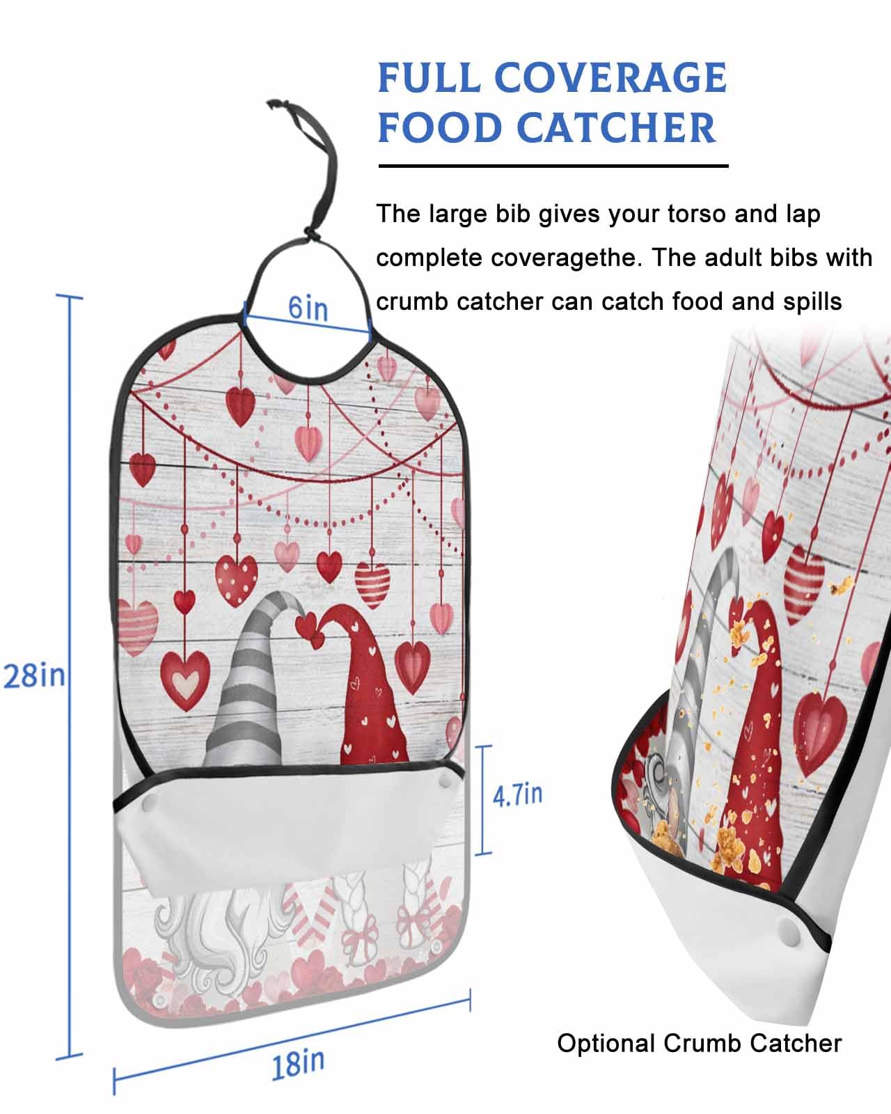 LEOKOTI Red Valentines Adult Bibs for Eating, Waterproof Bibs with Food Catcher & Adjustable Snap Closure, Red Grey Gnomes Love Heart Floral Washable Clothing Protectors Adult Bibs for Elderly