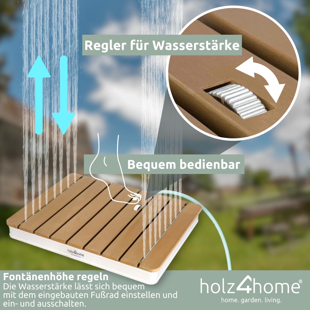 holz4home® Bodendusche als Gartendusche oder Pooldusche I Eckig aus WPC und Aluminium I Höhenverstellbarer Wasserstrahl mit Fußrad I Saunadusche Outdoor mit Gartenschlauchanschluss