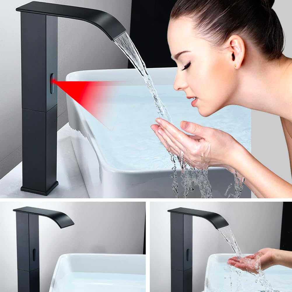 Grifo automático con sensor de infrarrojos, 31 cm de alto, sin contacto, cascada y válvula de temperatura ajustable para cocina y baño (negro)