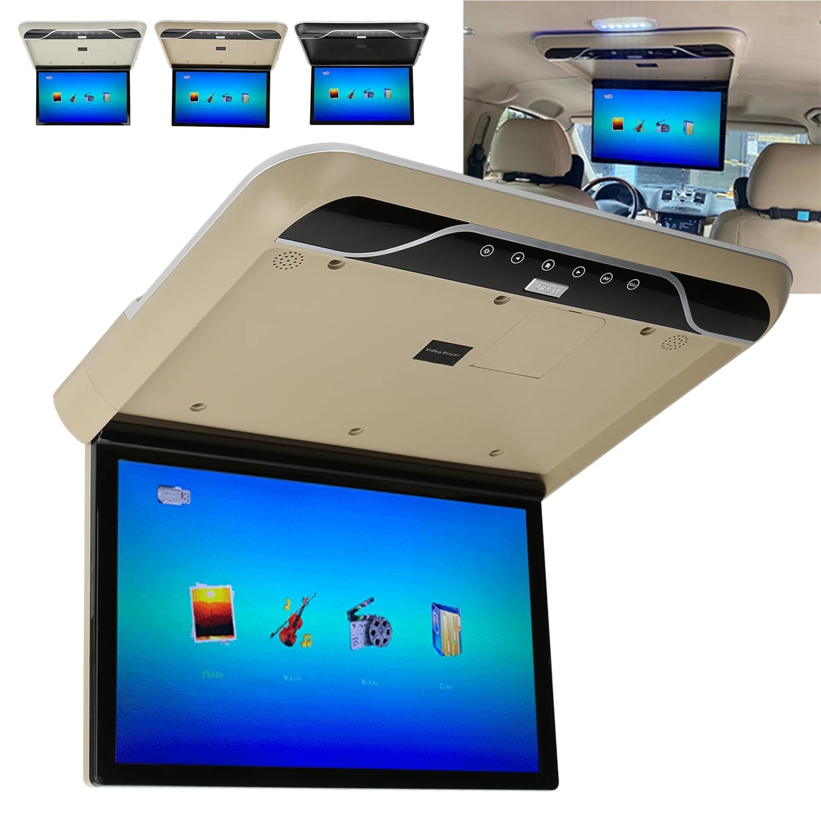 19in Car Roofmount LCD Monitor Down 1080P 16 Color Touch Control Light USB Input Roof Screen Overhead Player(Beige)